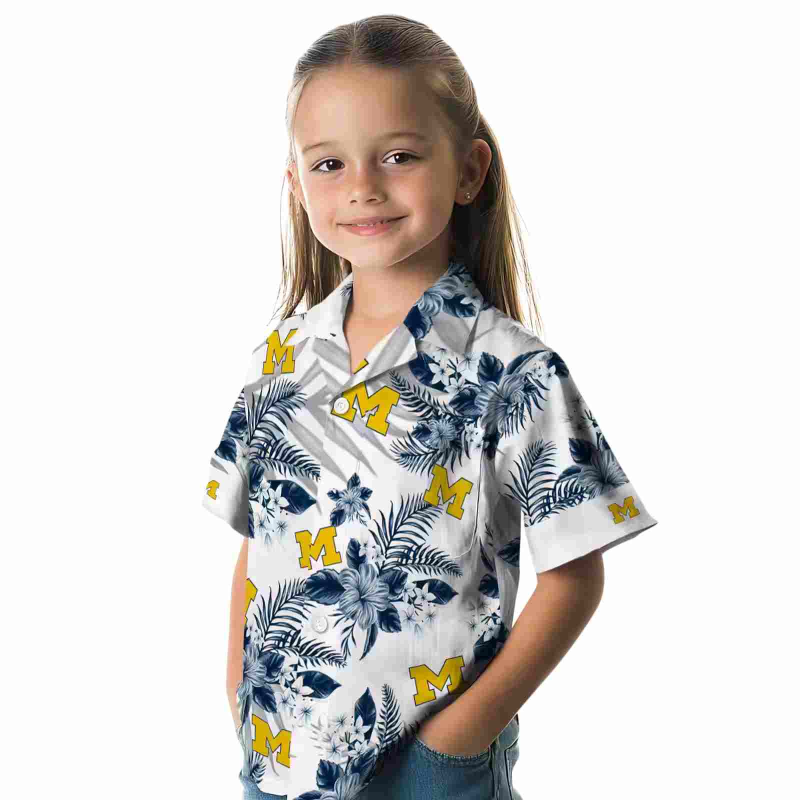 michigan wolverines hibiscus palm leaves blue white hawaiian shirt premium grade