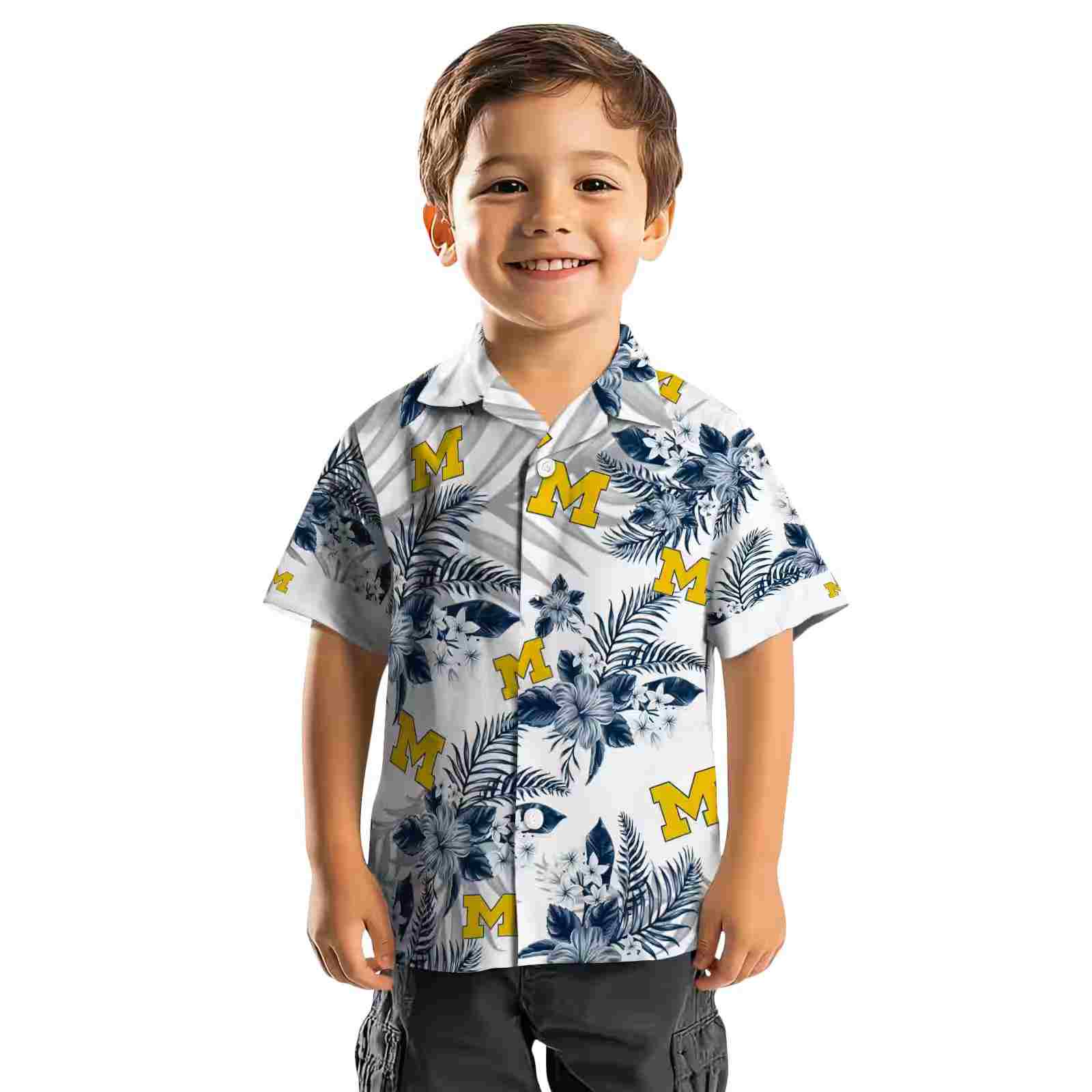 michigan wolverines hibiscus palm leaves blue white hawaiian shirt top rated