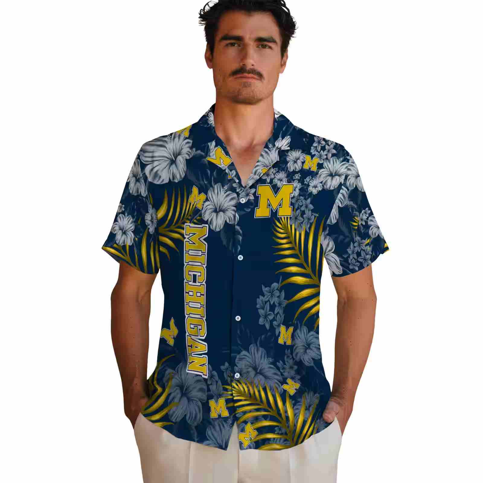 michigan wolverines hibiscus print blue hawaiian shirt fashion forward