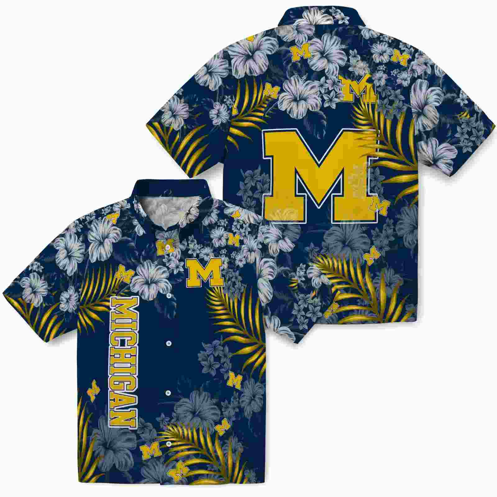 michigan wolverines hibiscus print blue hawaiian shirt high quality