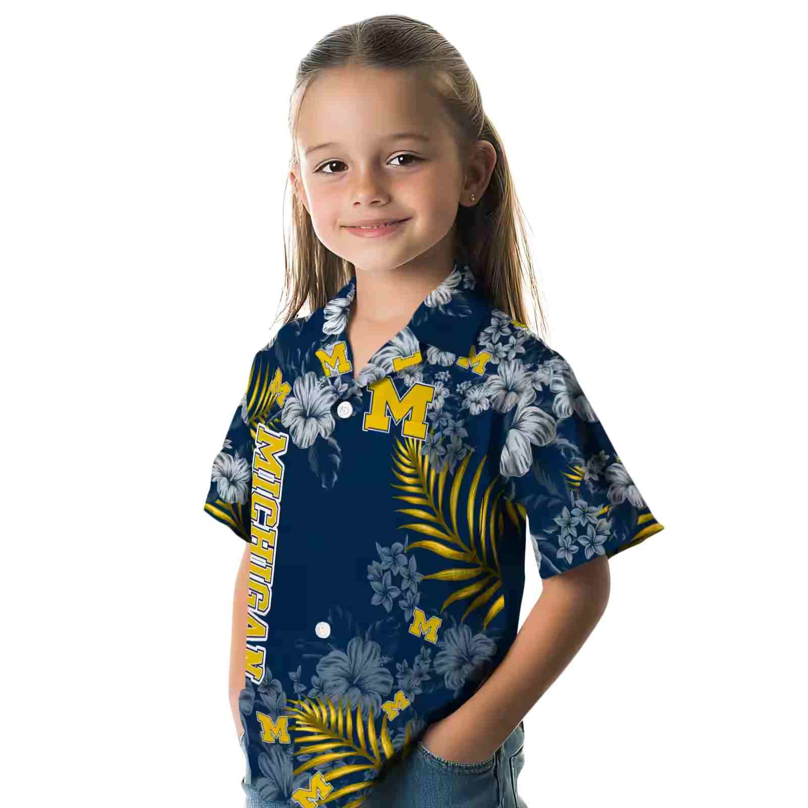 michigan wolverines hibiscus print blue hawaiian shirt premium grade