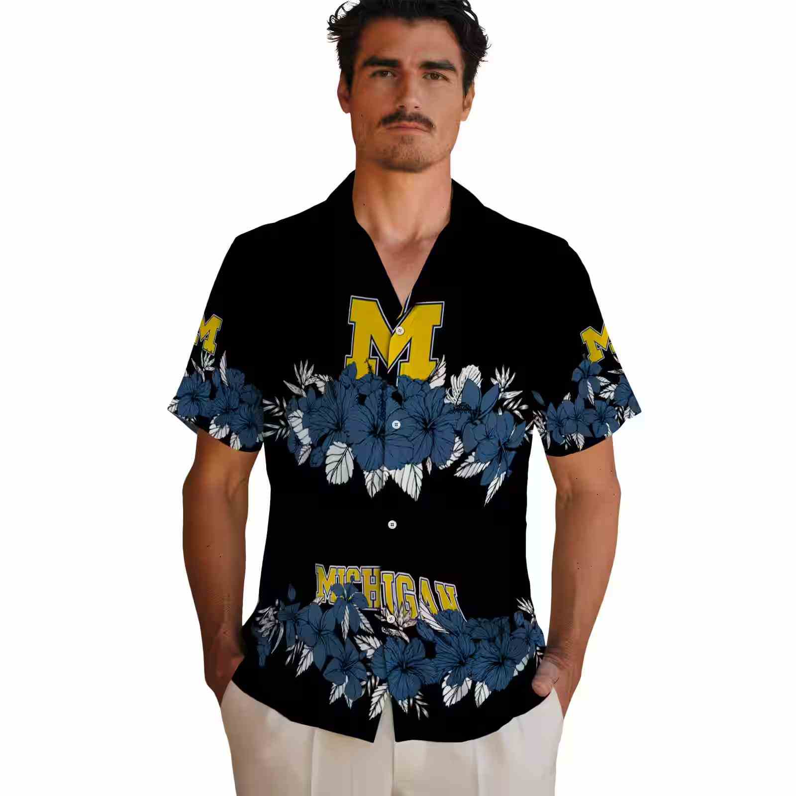 michigan wolverines hibiscus stripe blue black hawaiian shirt fashion forward