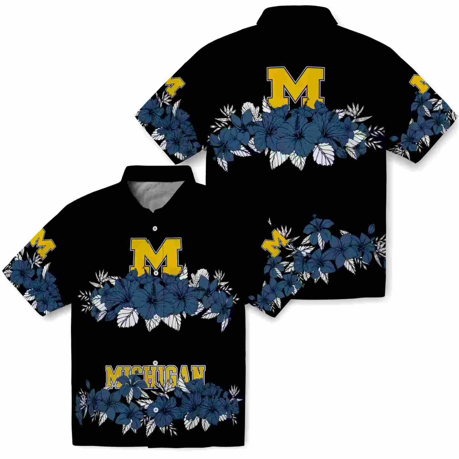 michigan wolverines hibiscus stripe blue black hawaiian shirt high quality