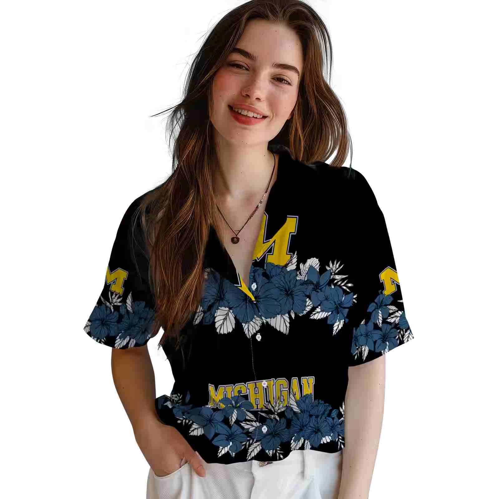 michigan wolverines hibiscus stripe blue black hawaiian shirt latest model