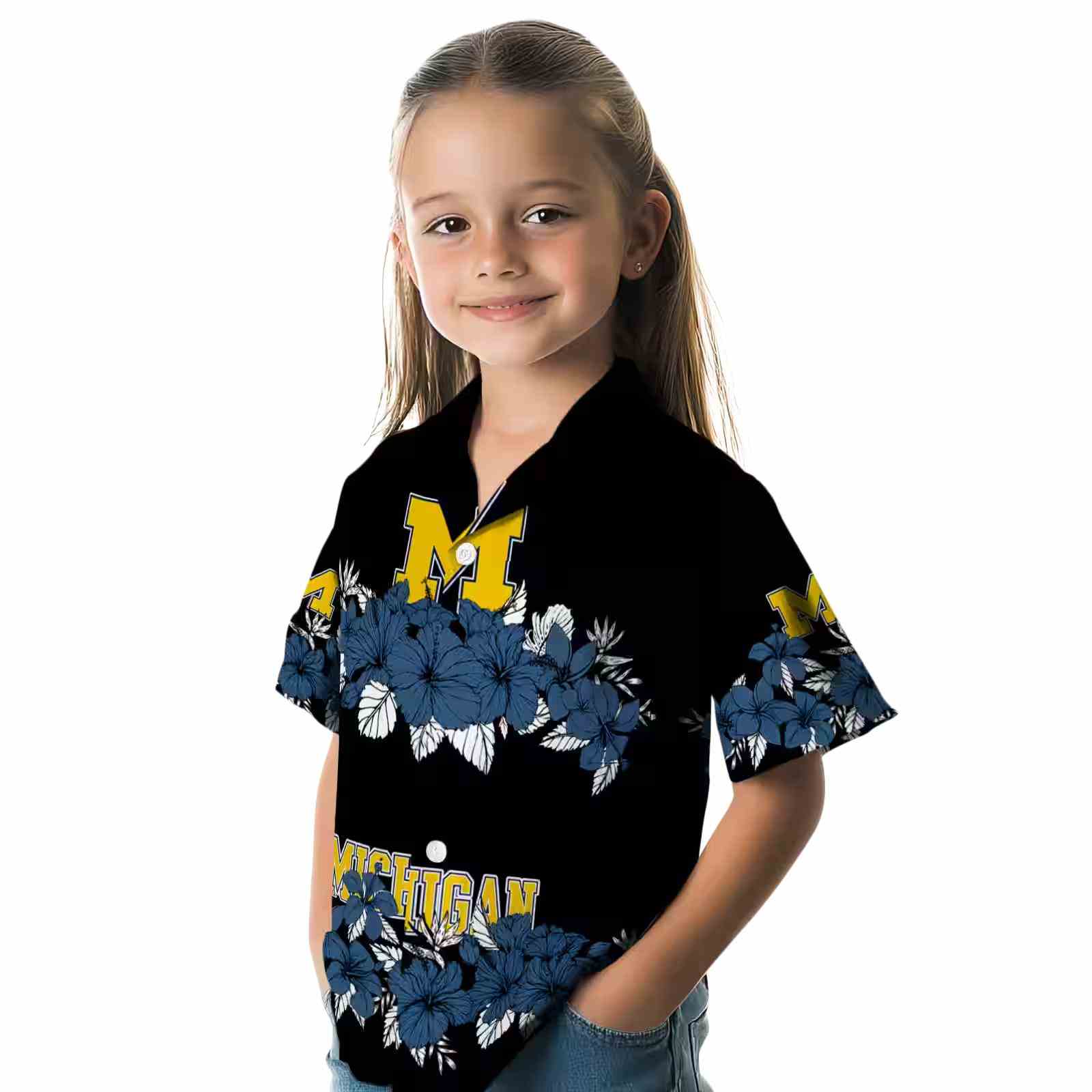 michigan wolverines hibiscus stripe blue black hawaiian shirt premium grade