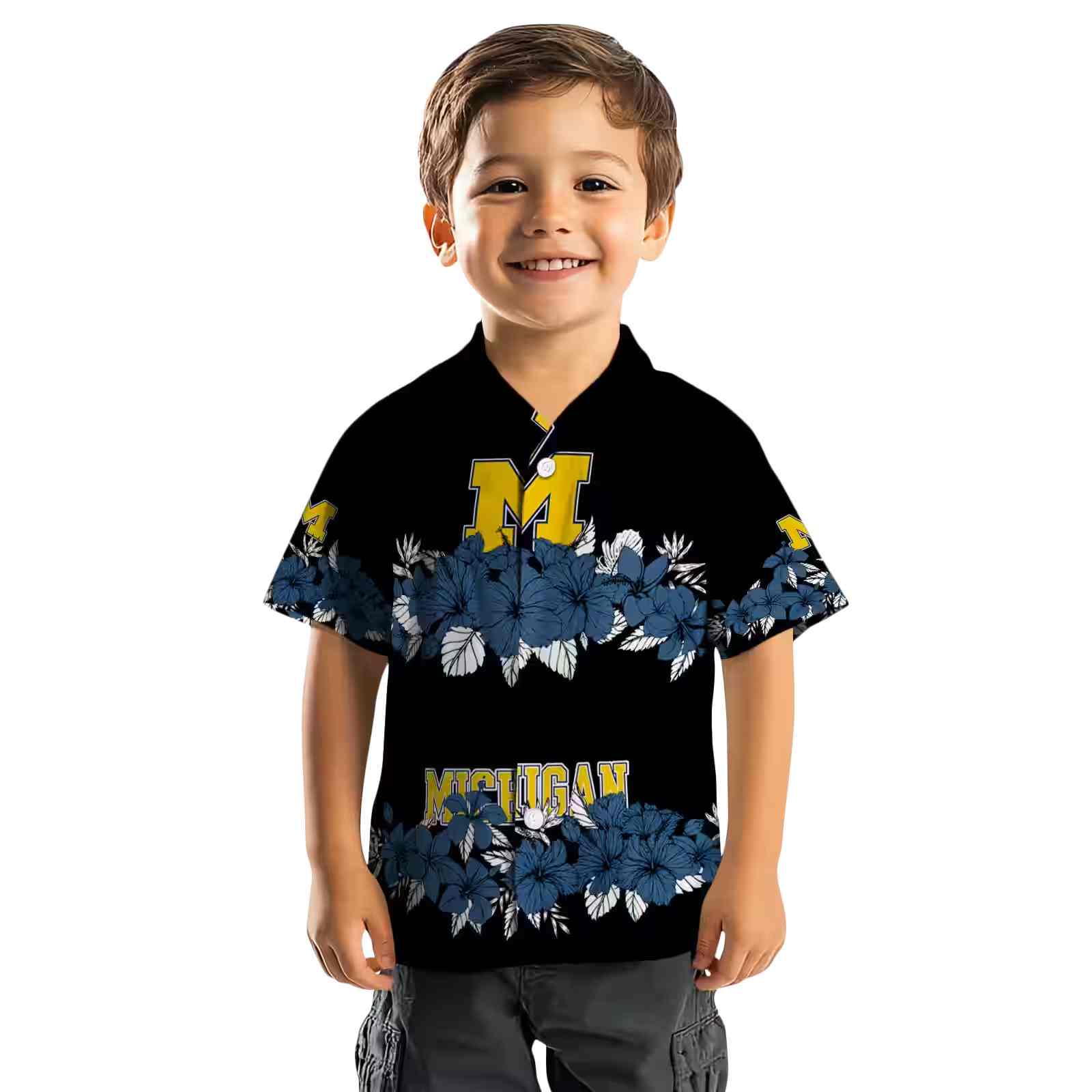 michigan wolverines hibiscus stripe blue black hawaiian shirt top rated