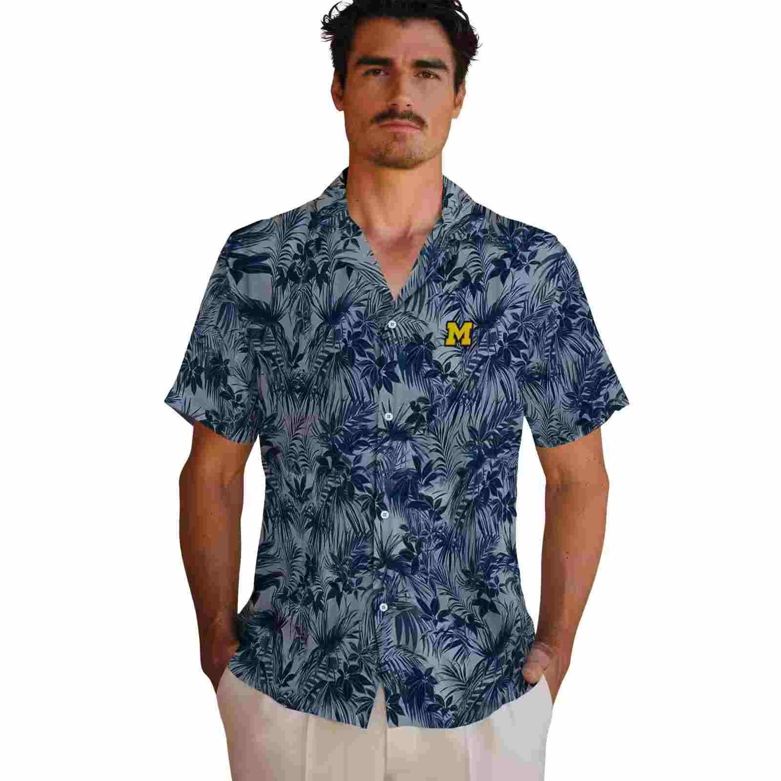 michigan wolverines leafy pattern blue hawaiian shirt fashion forward