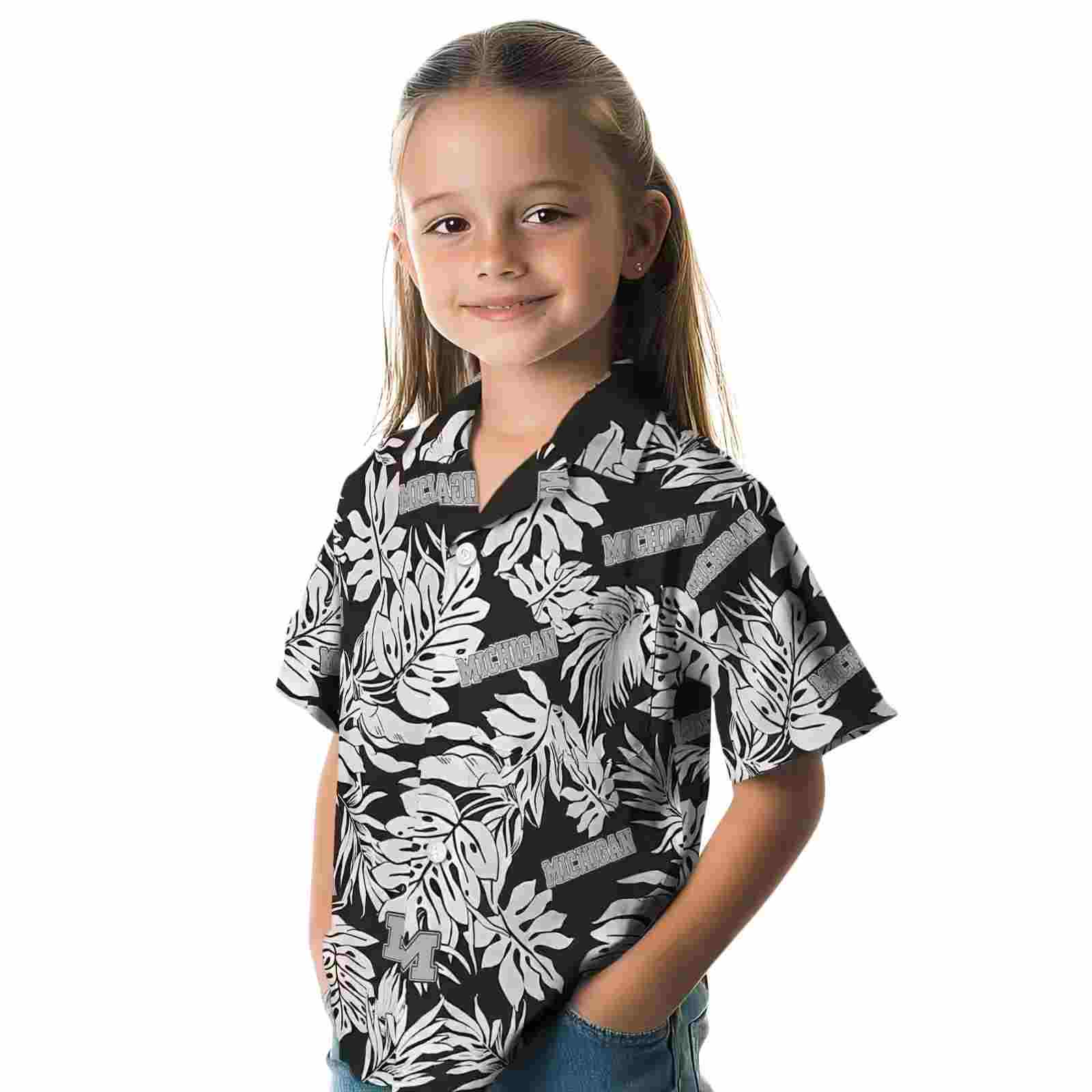 michigan wolverines monstera leaf pattern black hawaiian shirt premium grade