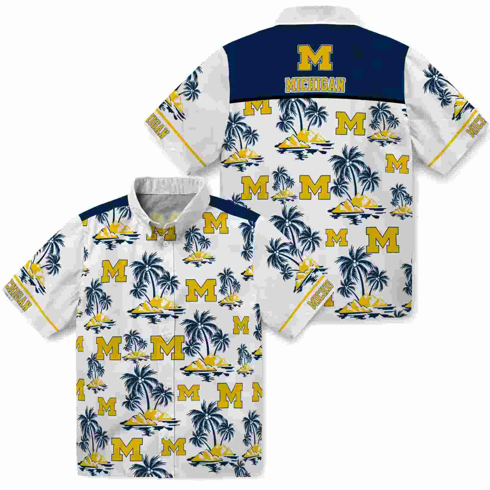 michigan wolverines palm island print blue white hawaiian shirt high quality