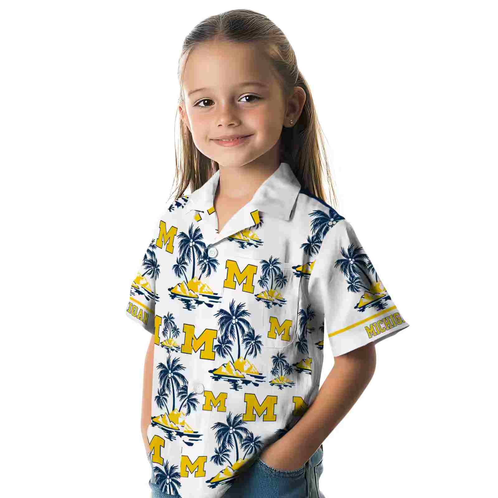 michigan wolverines palm island print blue white hawaiian shirt premium grade