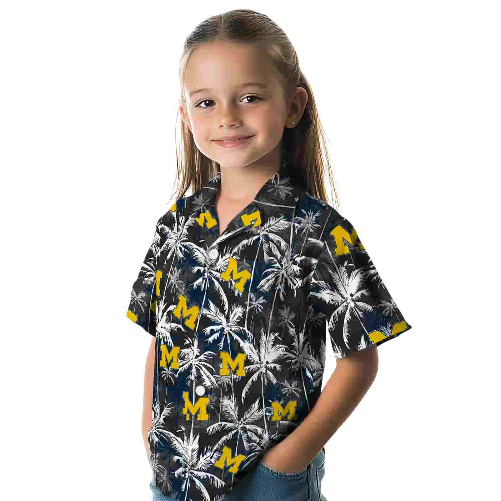 michigan wolverines palm pattern blue black hawaiian shirt premium grade