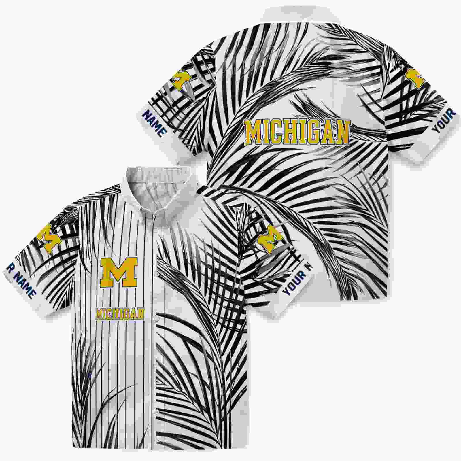 michigan wolverines palm stripes blue black white hawaiian shirt high quality