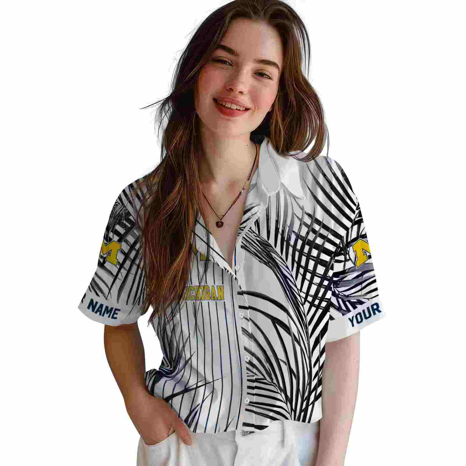 michigan wolverines palm stripes blue black white hawaiian shirt latest model