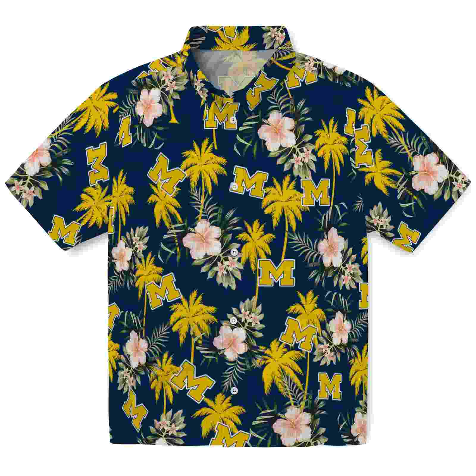 Michigan Wolverines Palm Tree Flower Blue Hawaiian Shirt