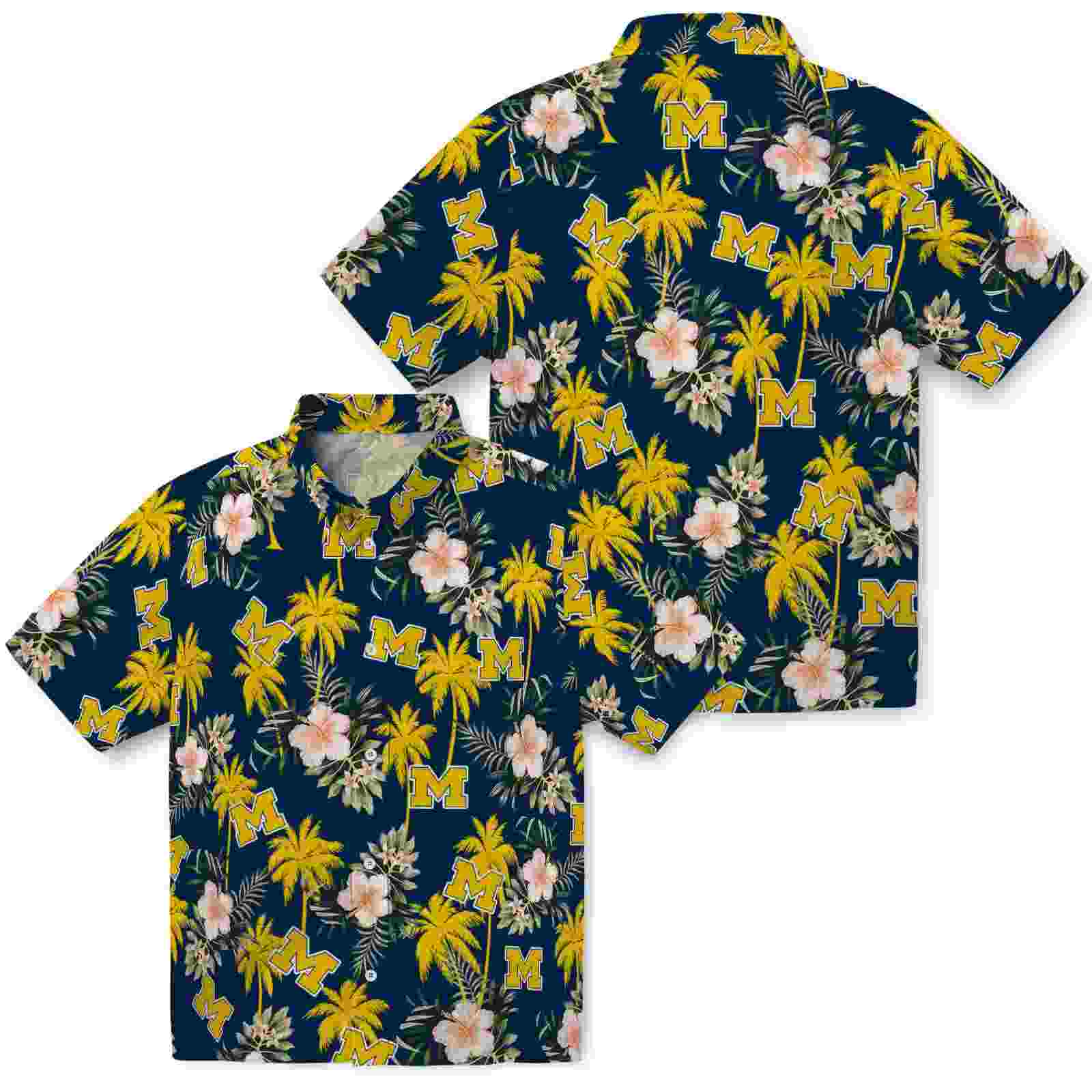 michigan wolverines palm tree flower blue hawaiian shirt high quality