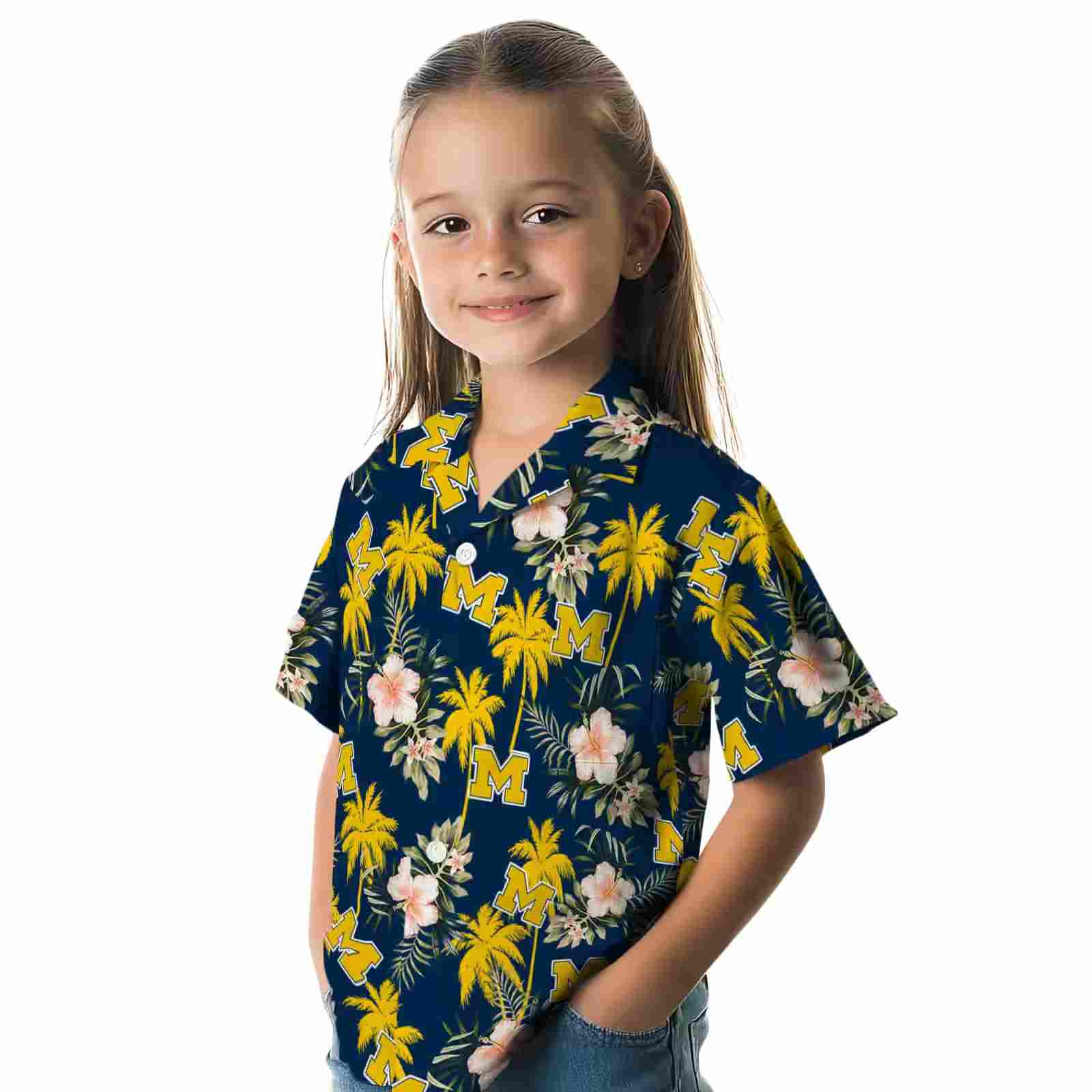 michigan wolverines palm tree flower blue hawaiian shirt premium grade