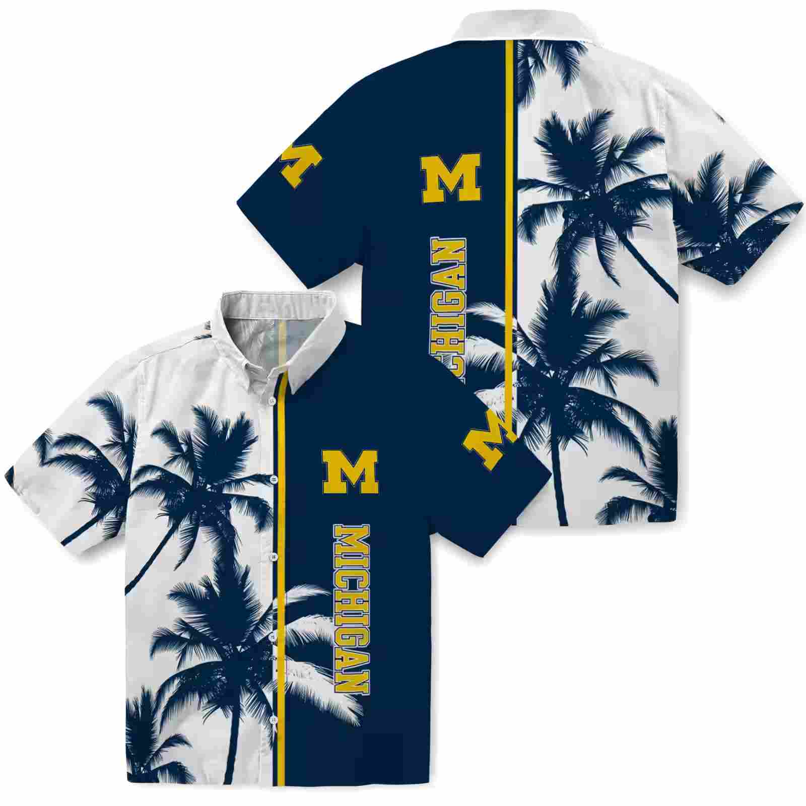 michigan wolverines palm trees blue white hawaiian shirt high quality