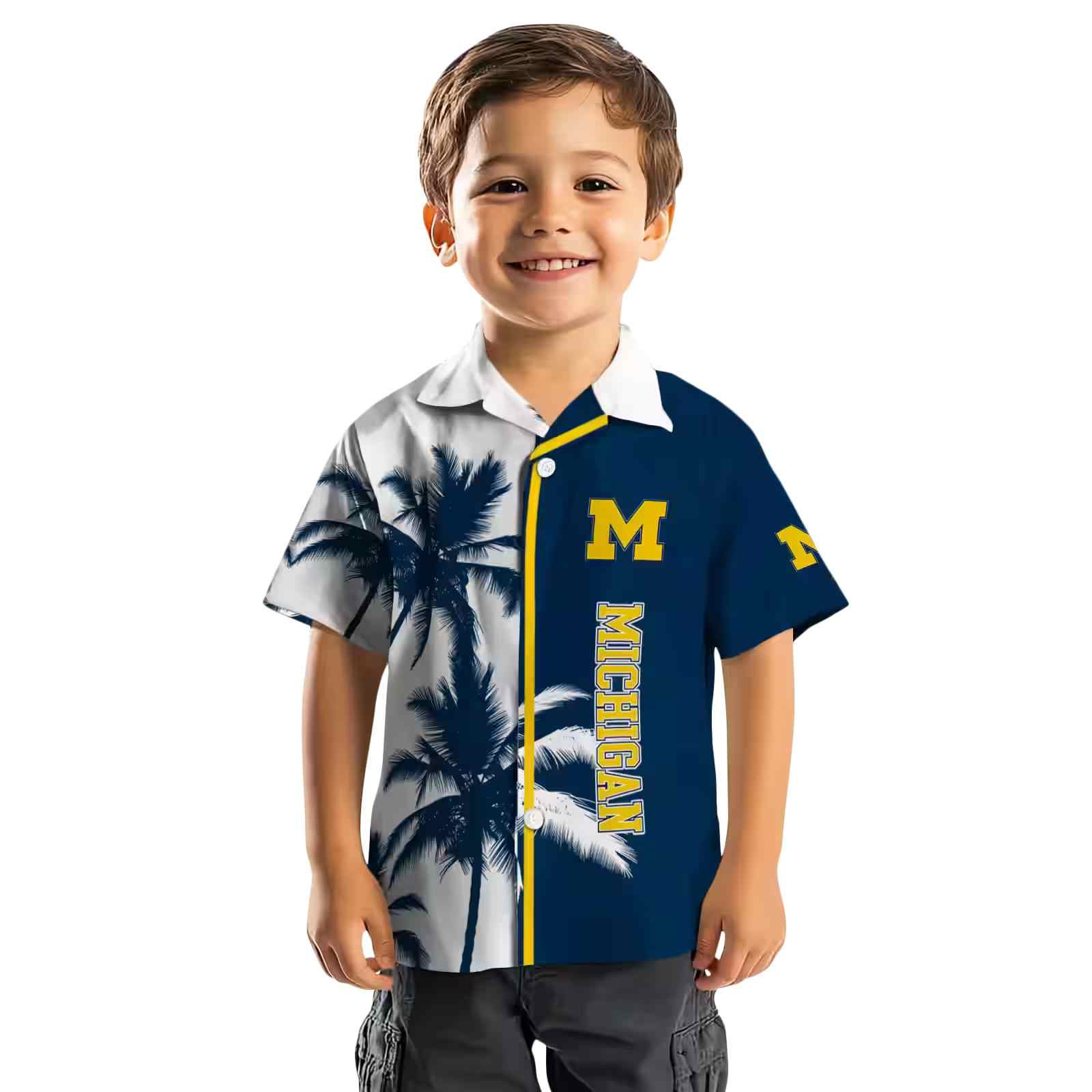 michigan wolverines palm trees blue white hawaiian shirt top rated