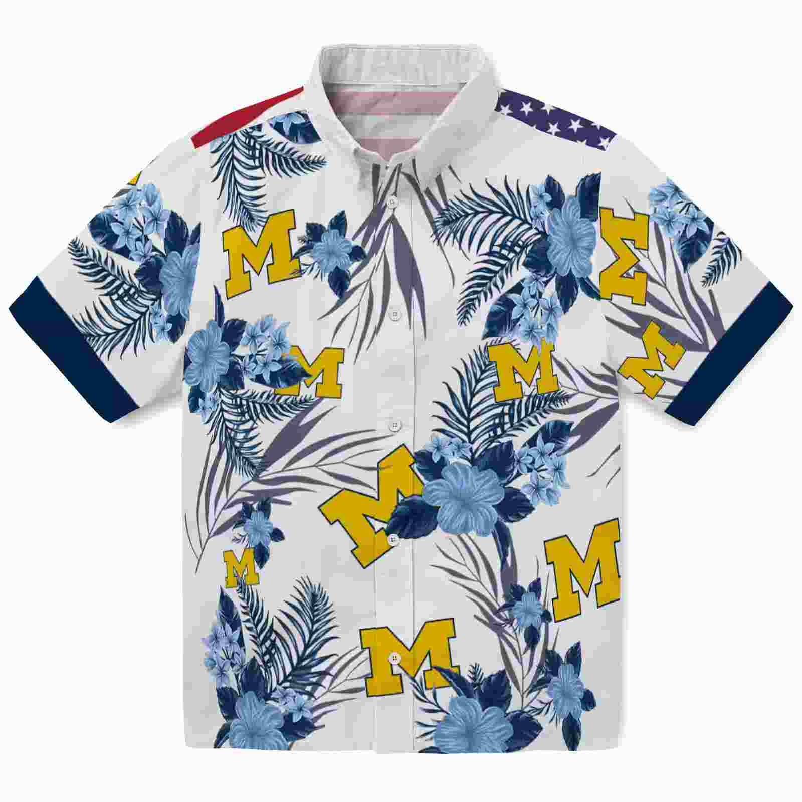 Michigan Wolverines Patriotic Hibiscus Design Blue White Hawaiian Shirt