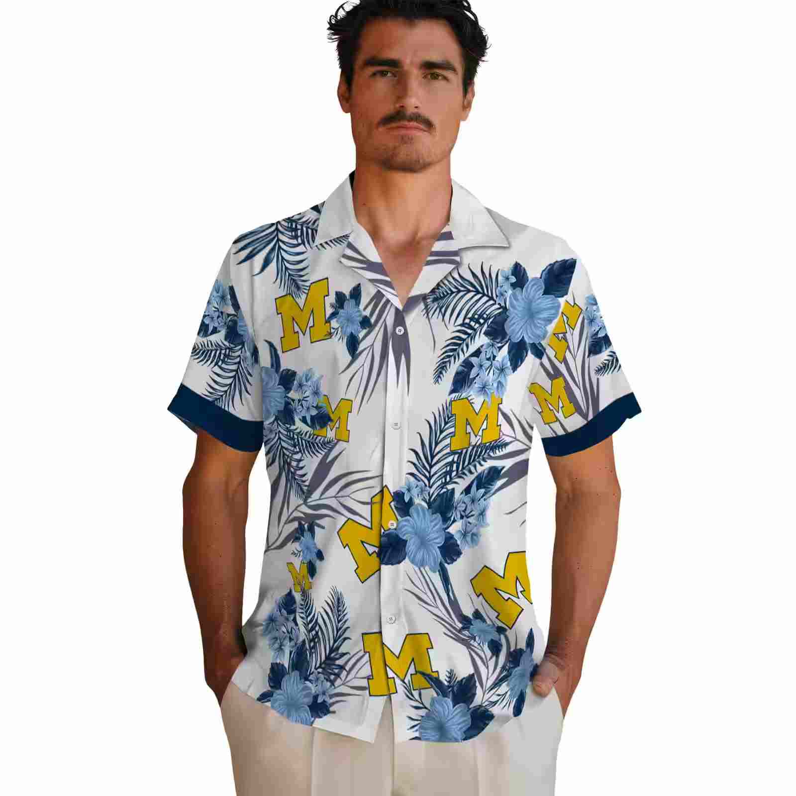 michigan wolverines patriotic hibiscus design blue white hawaiian shirt fashion forward