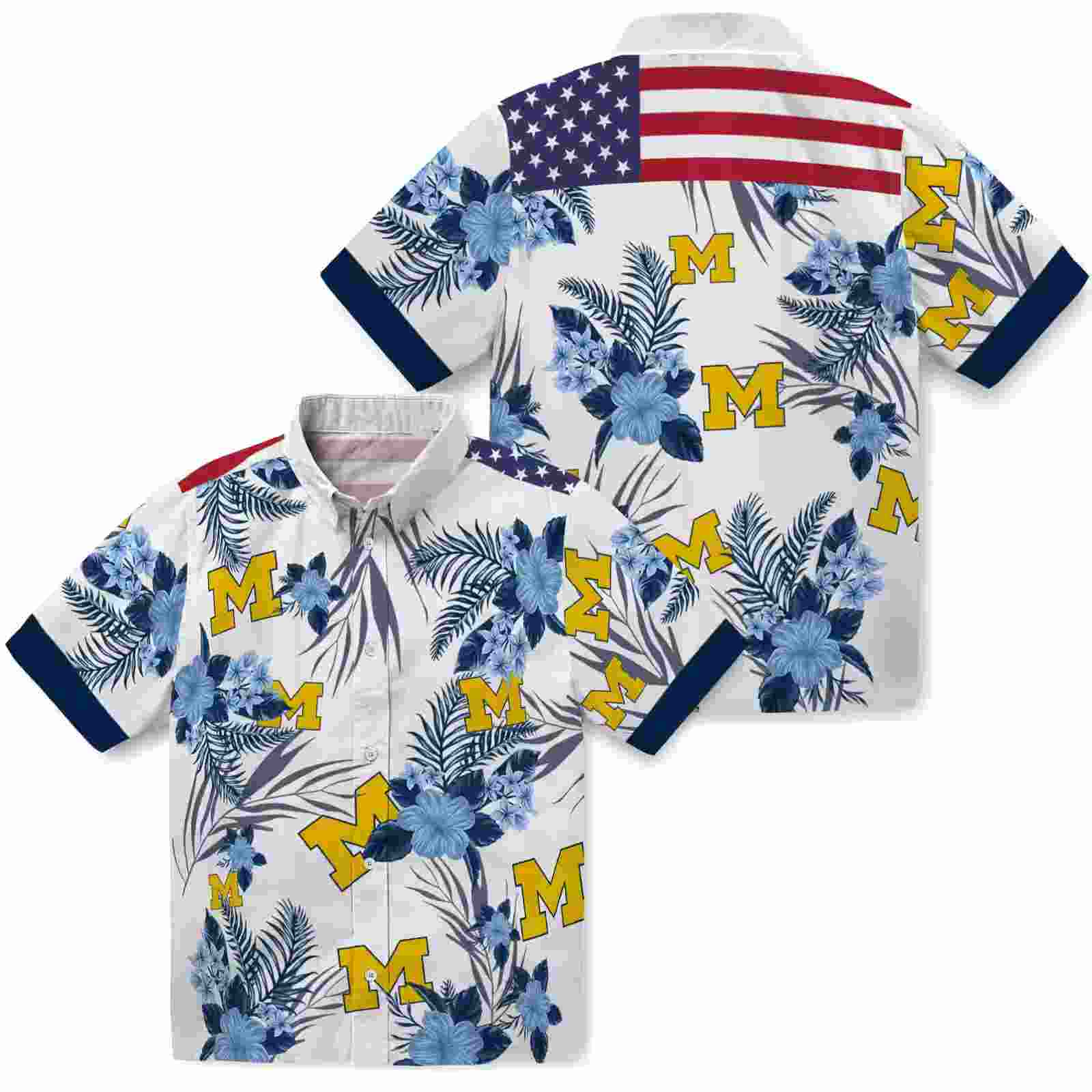 michigan wolverines patriotic hibiscus design blue white hawaiian shirt high quality