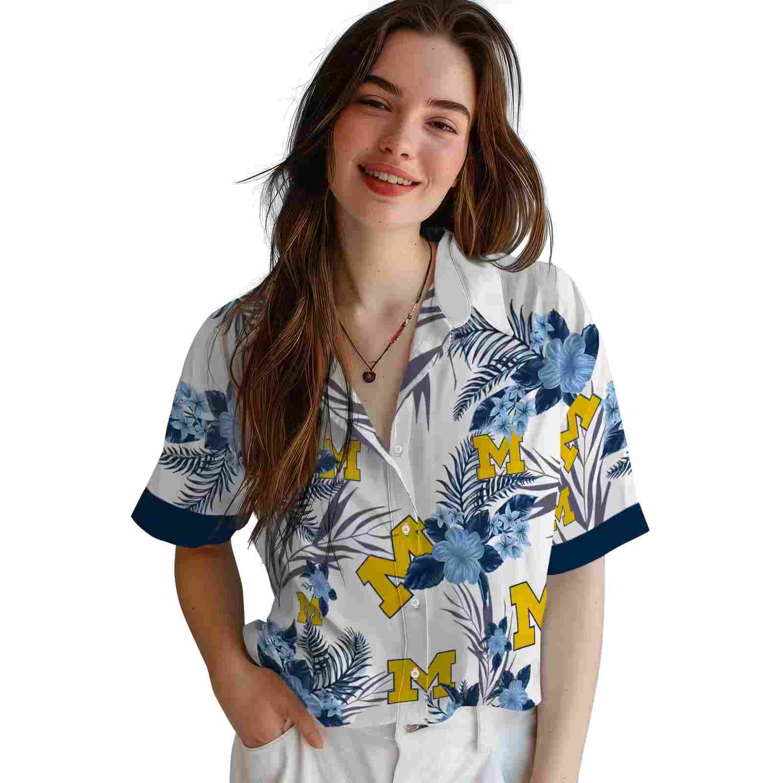 michigan wolverines patriotic hibiscus design blue white hawaiian shirt latest model