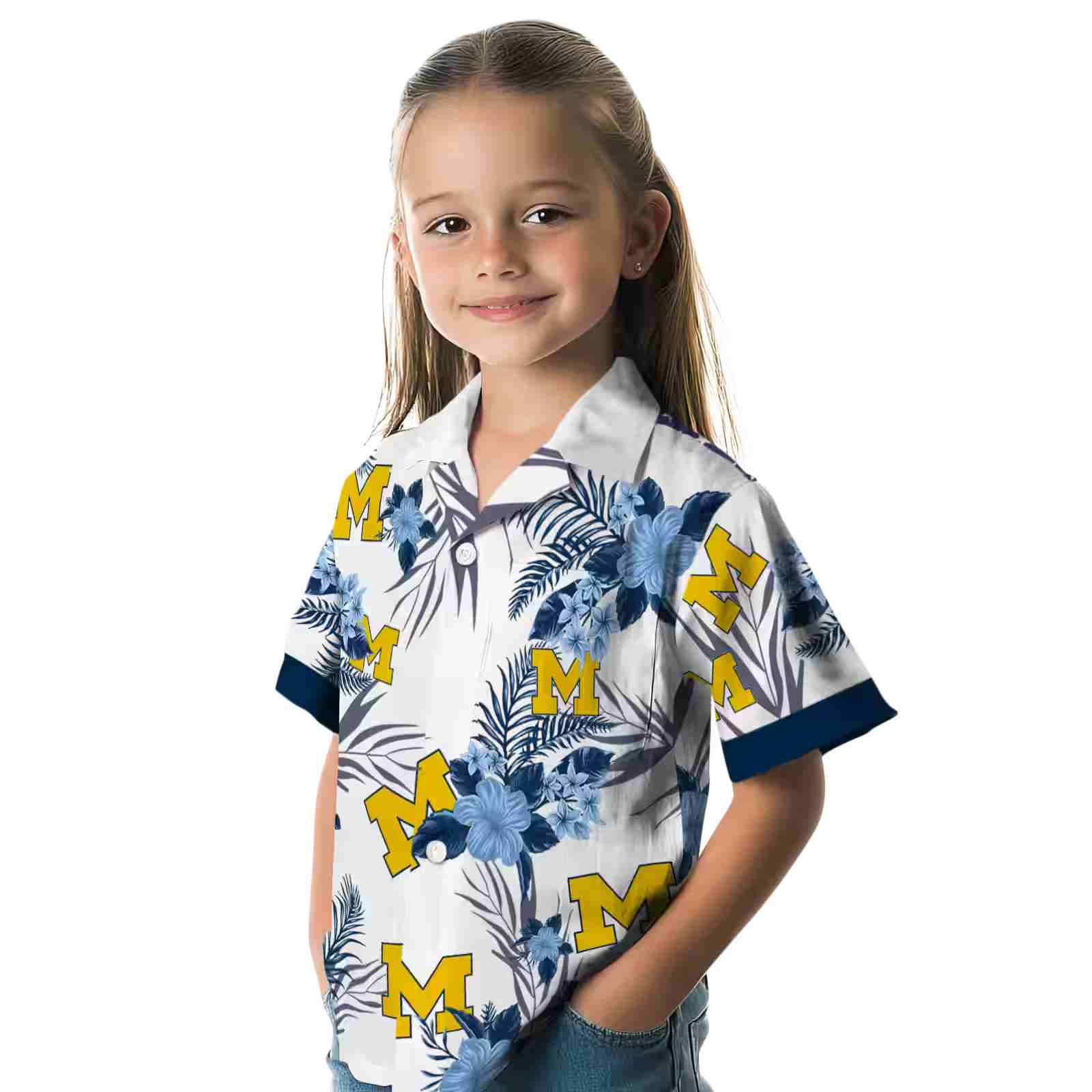 michigan wolverines patriotic hibiscus design blue white hawaiian shirt premium grade