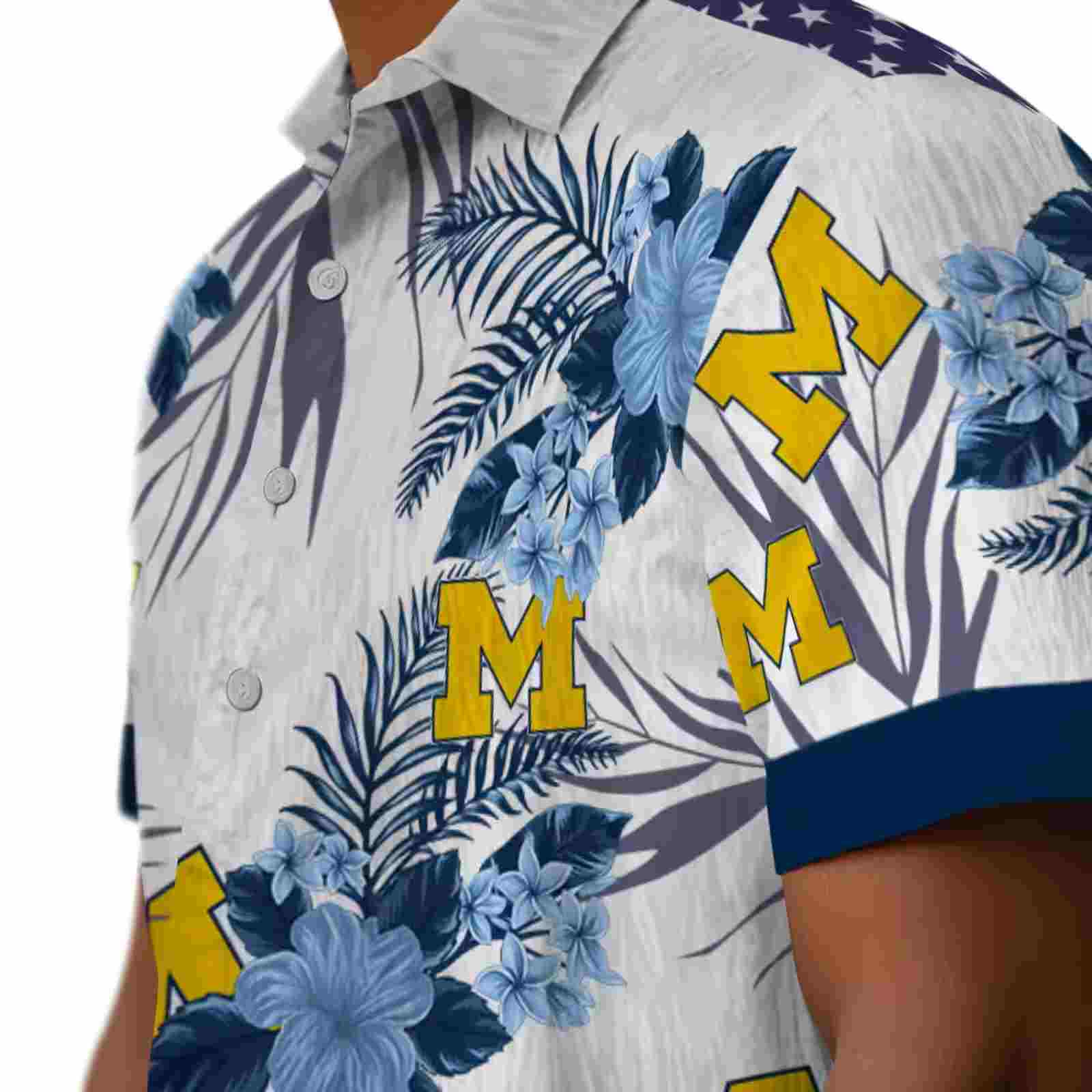 michigan wolverines patriotic hibiscus design blue white hawaiian shirt trendy