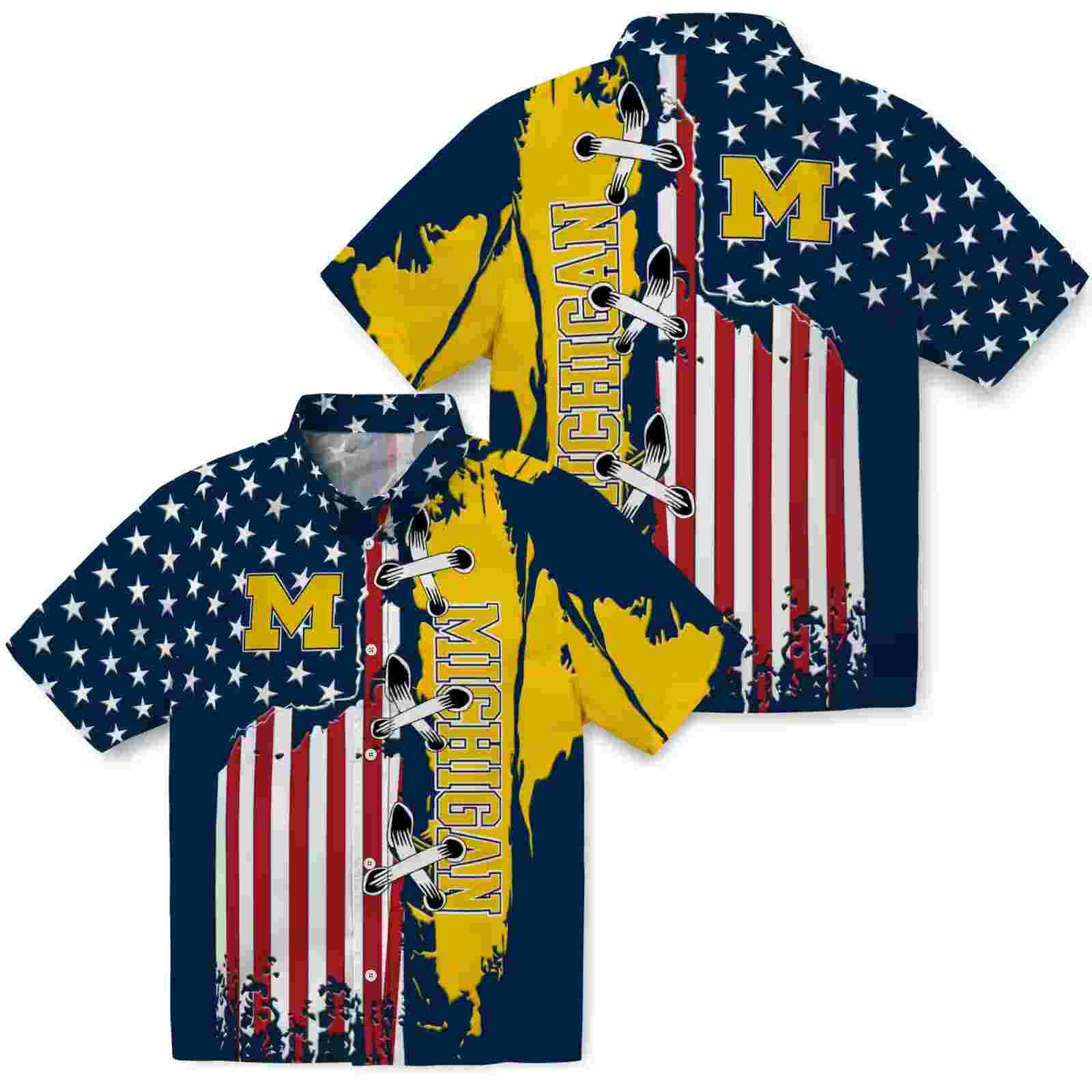 michigan wolverines stitched flag blue hawaiian shirt high quality