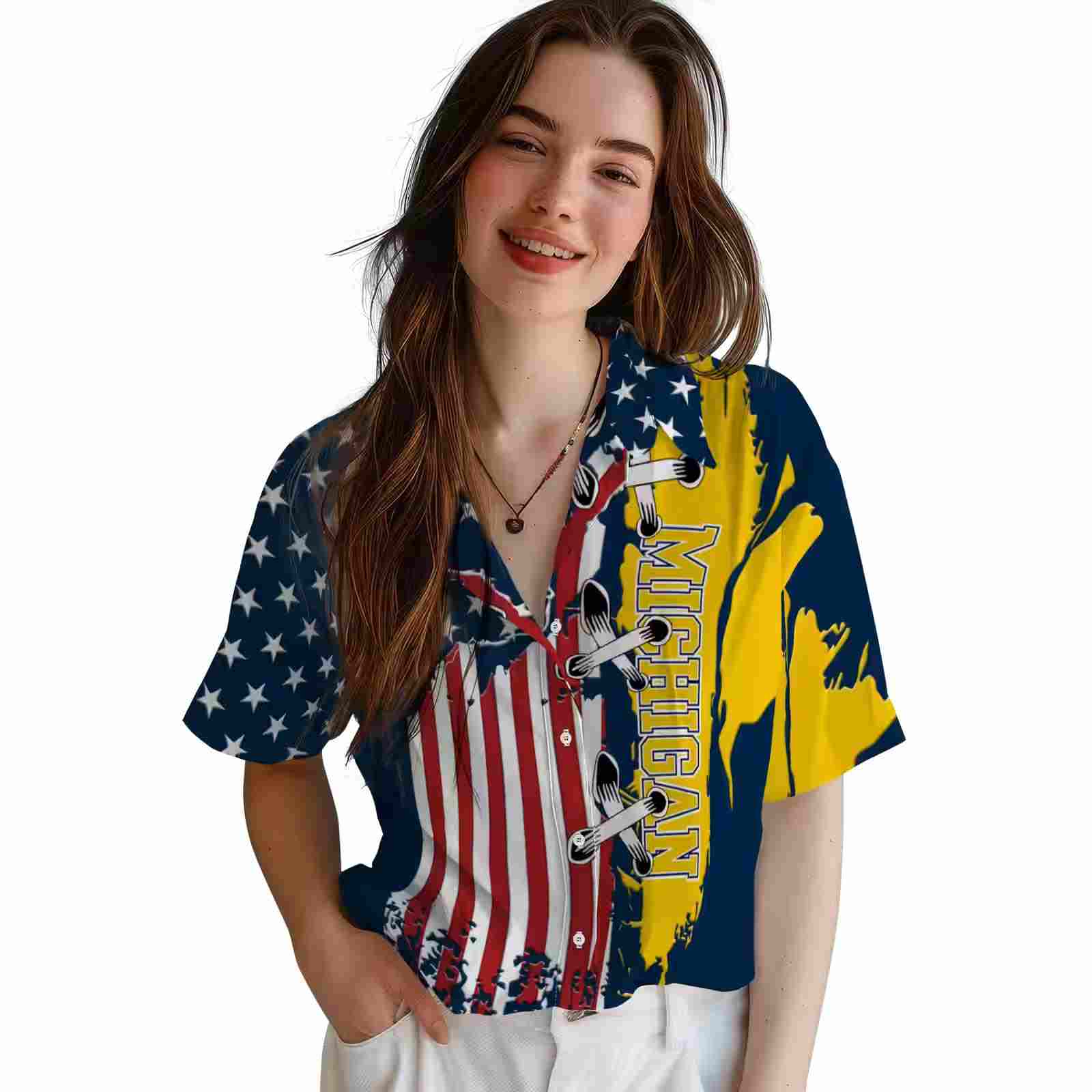 michigan wolverines stitched flag blue hawaiian shirt latest model