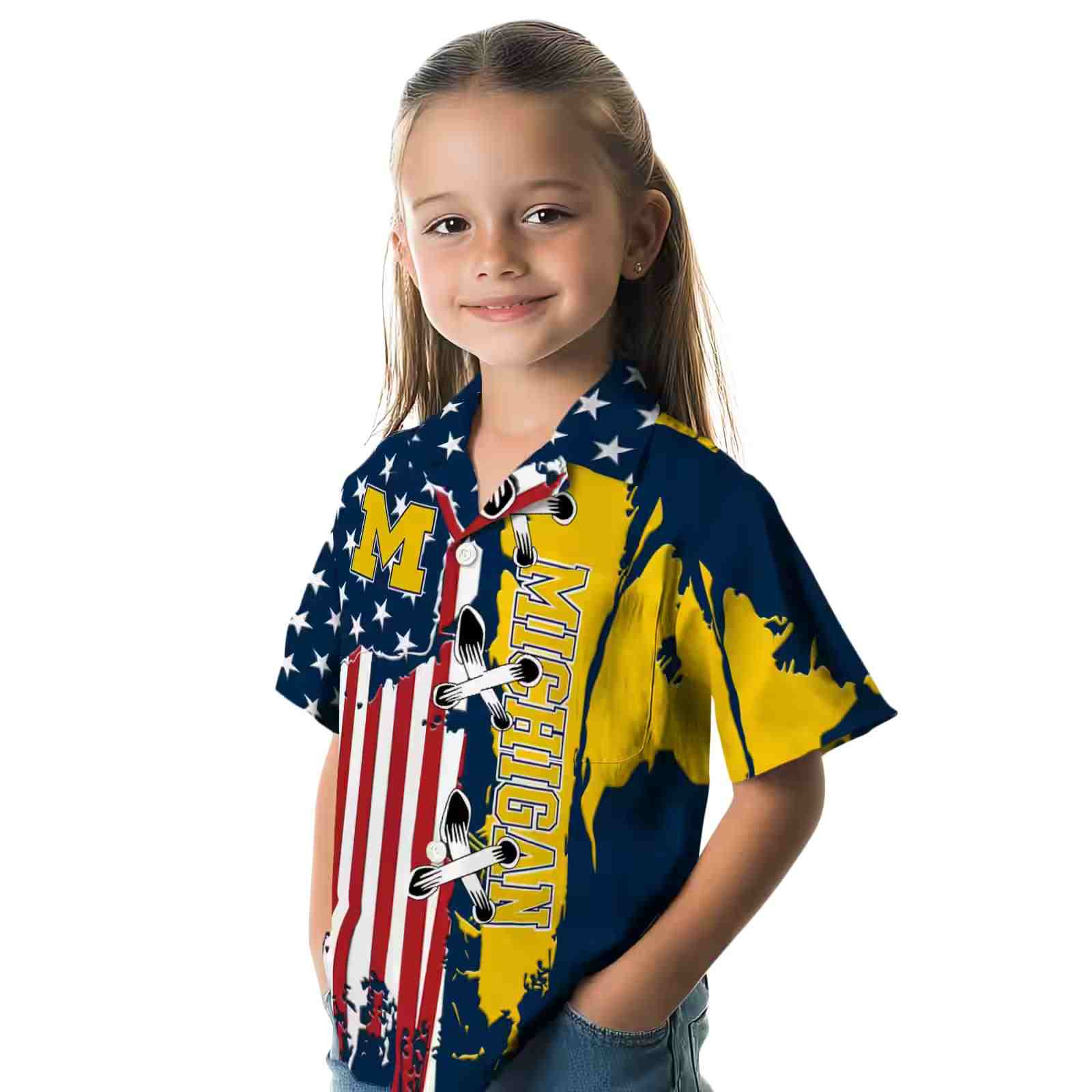 michigan wolverines stitched flag blue hawaiian shirt premium grade