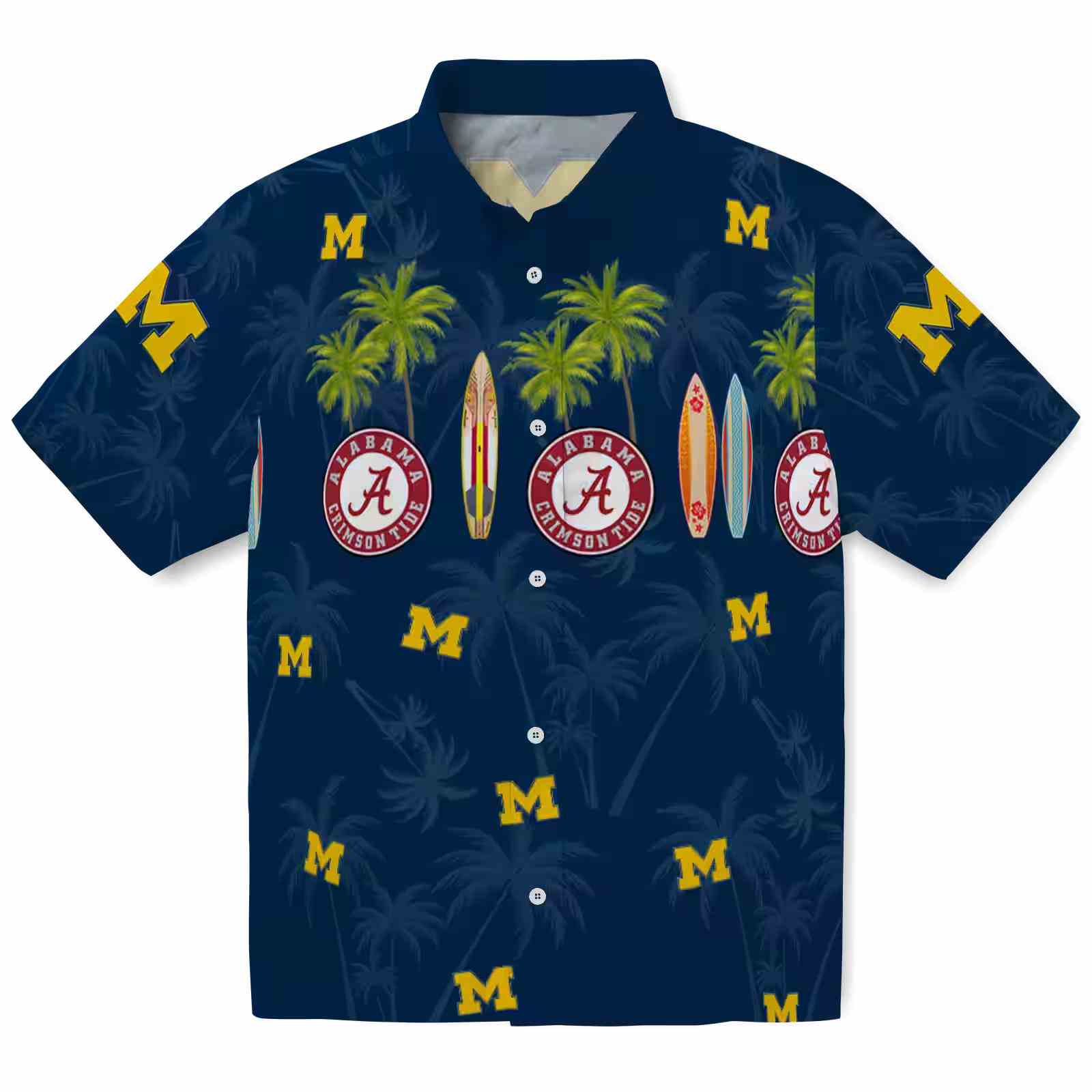 Michigan Wolverines Surfboard Palm Blue Hawaiian Shirt