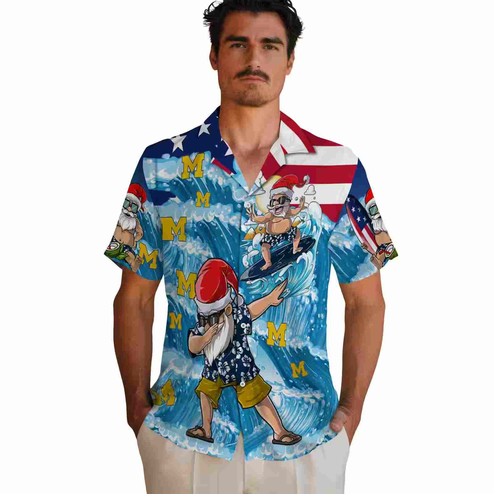 michigan wolverines surfing santa blue hawaiian shirt fashion forward