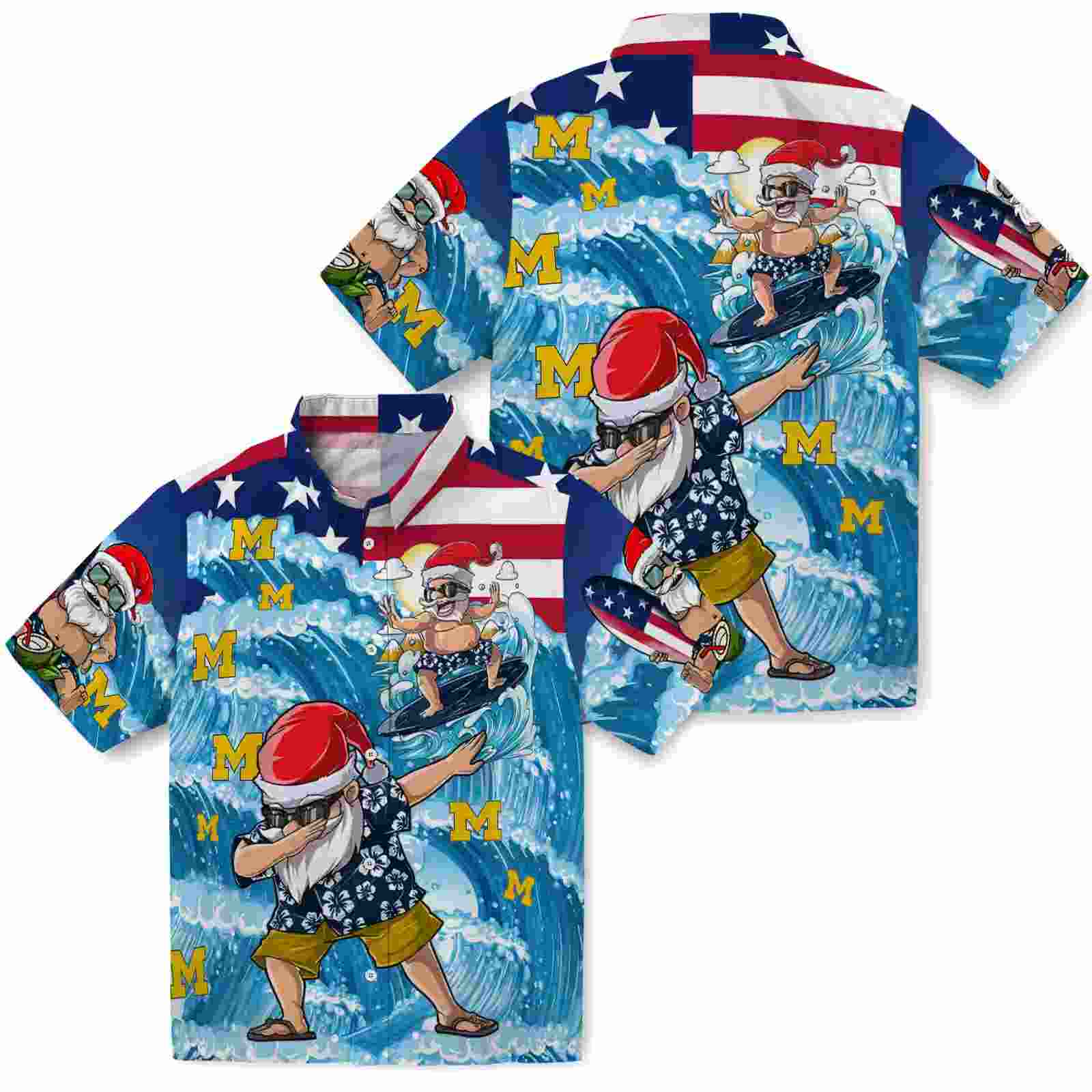 michigan wolverines surfing santa blue hawaiian shirt high quality