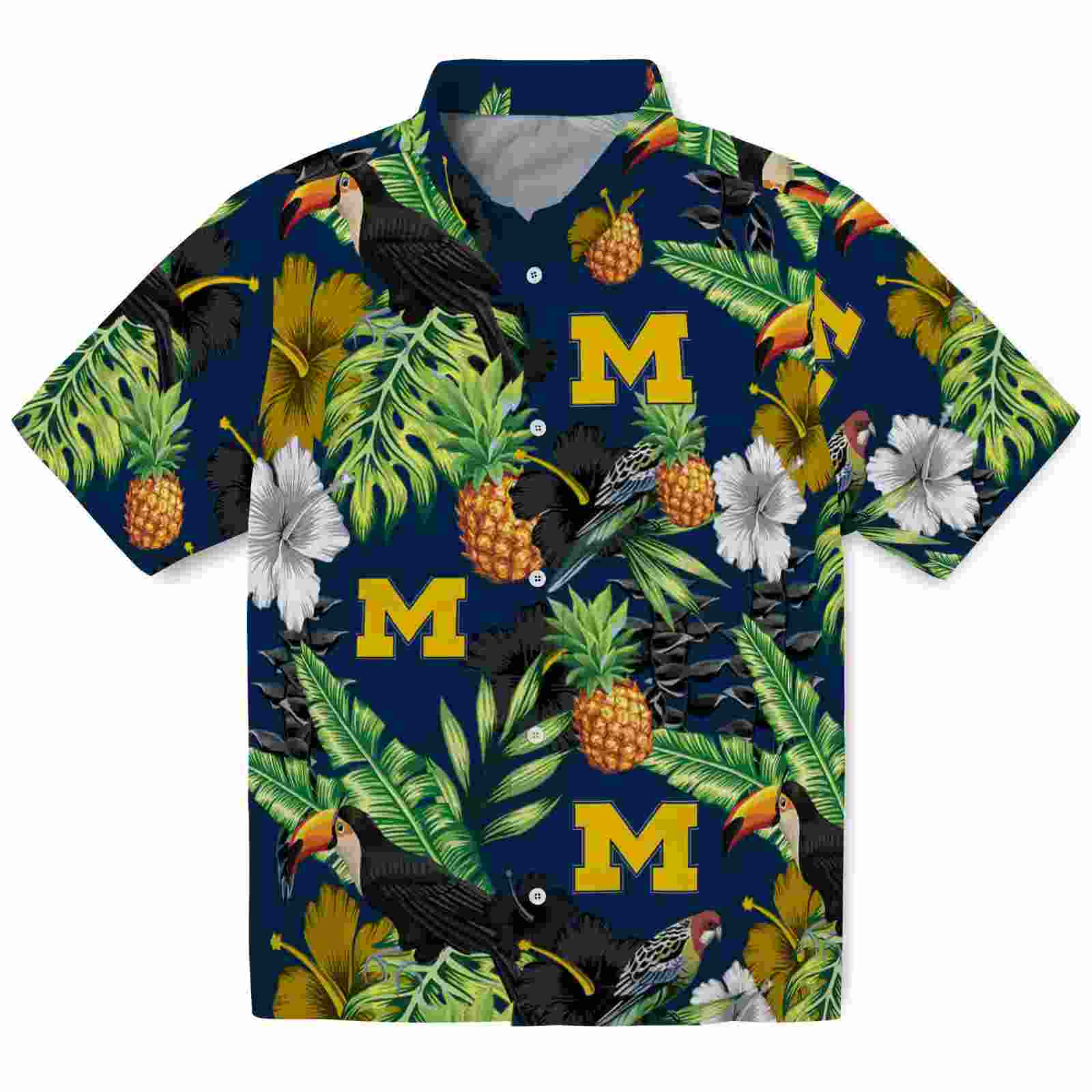 Michigan Wolverines Toucan Hibiscus Pineapple Blue Green Hawaiian Shirt