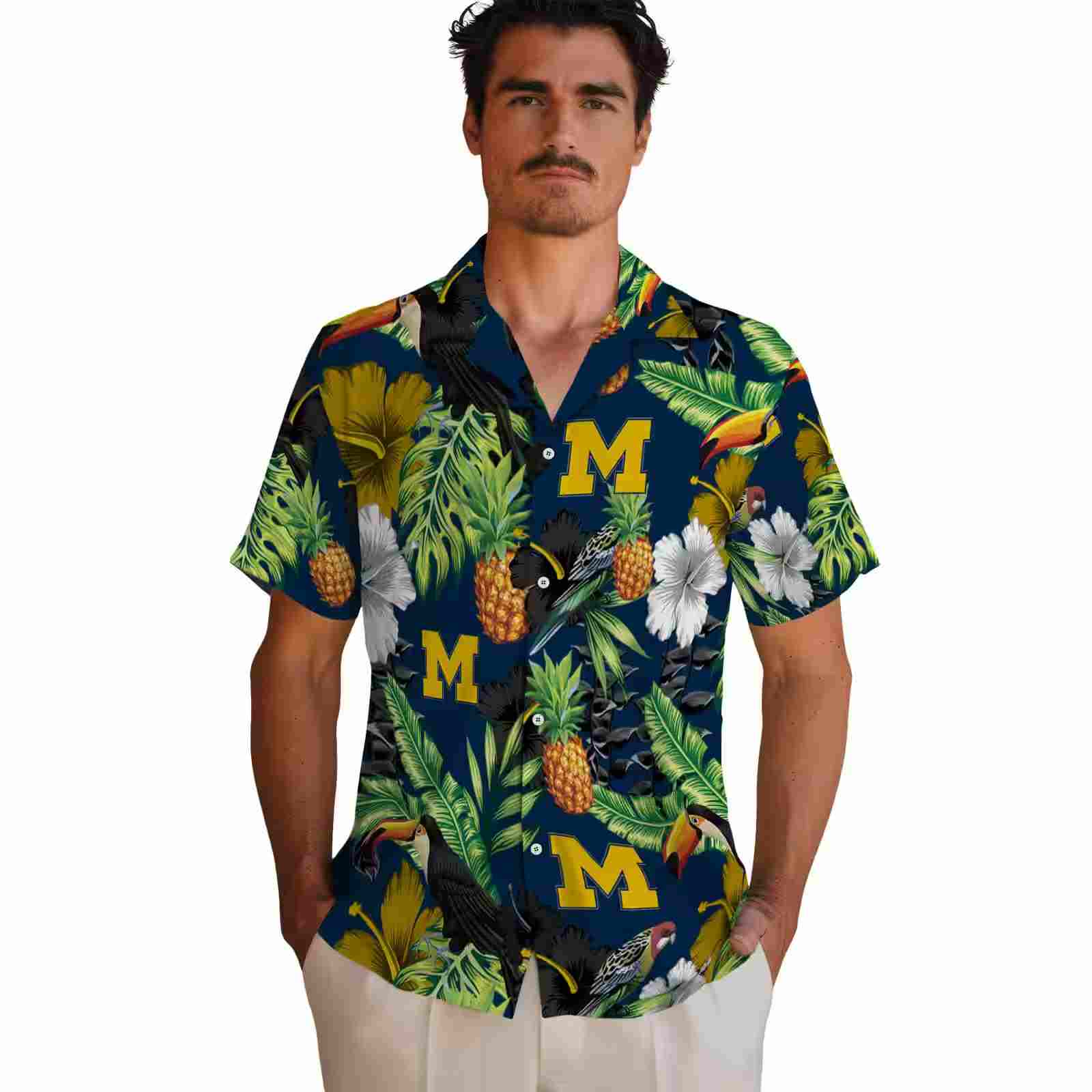 michigan wolverines toucan hibiscus pineapple blue green hawaiian shirt fashion forward