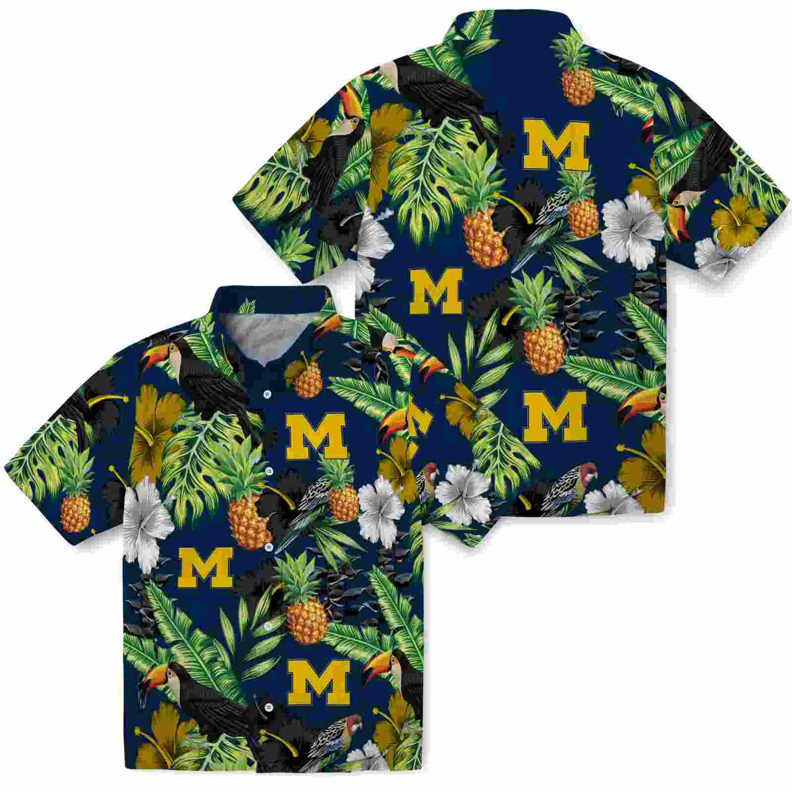 michigan wolverines toucan hibiscus pineapple blue green hawaiian shirt high quality