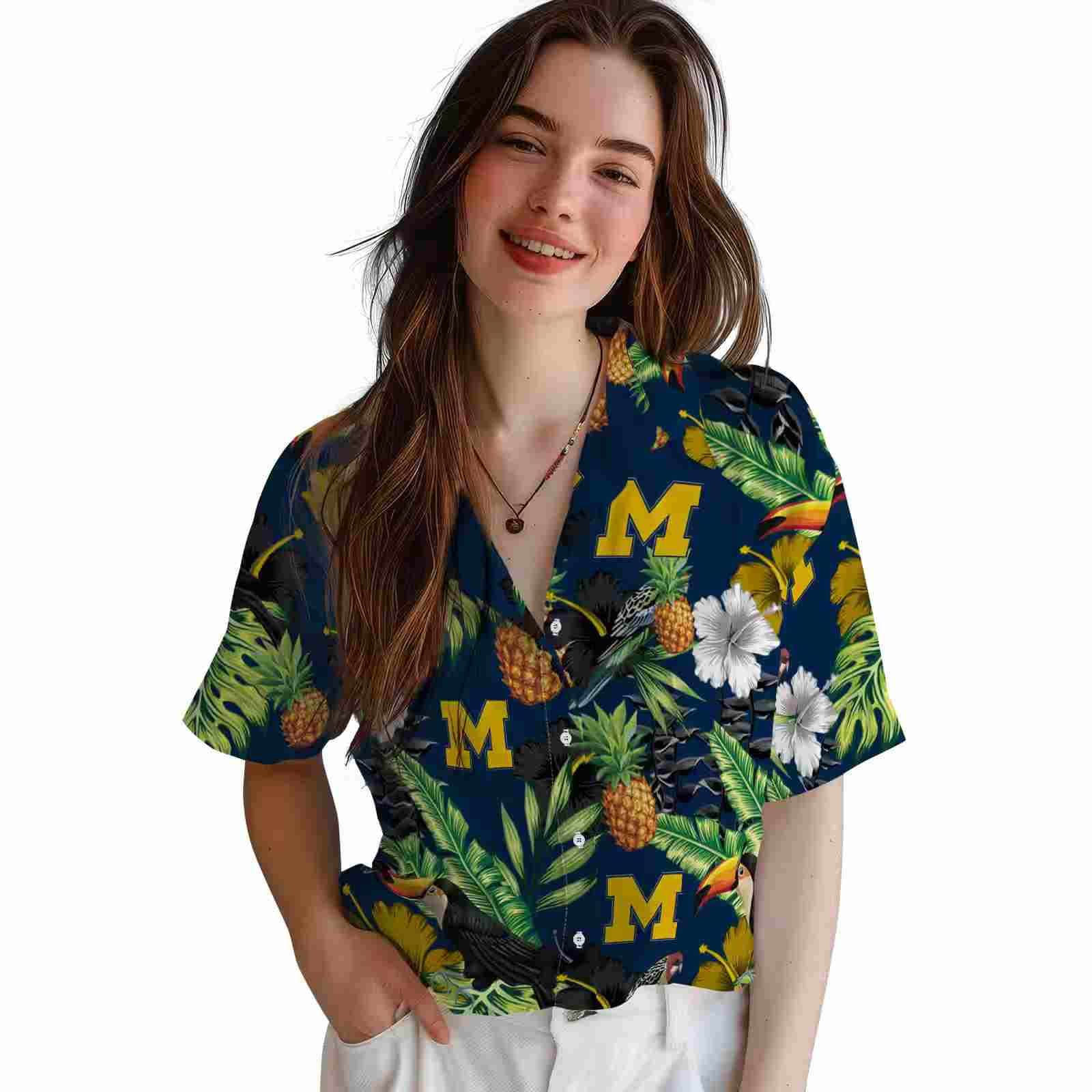 michigan wolverines toucan hibiscus pineapple blue green hawaiian shirt latest model