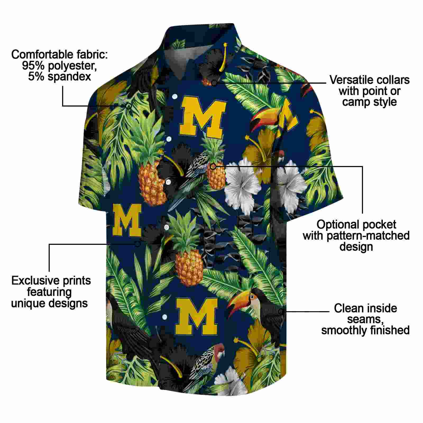 michigan wolverines toucan hibiscus pineapple blue green hawaiian shirt new arrival