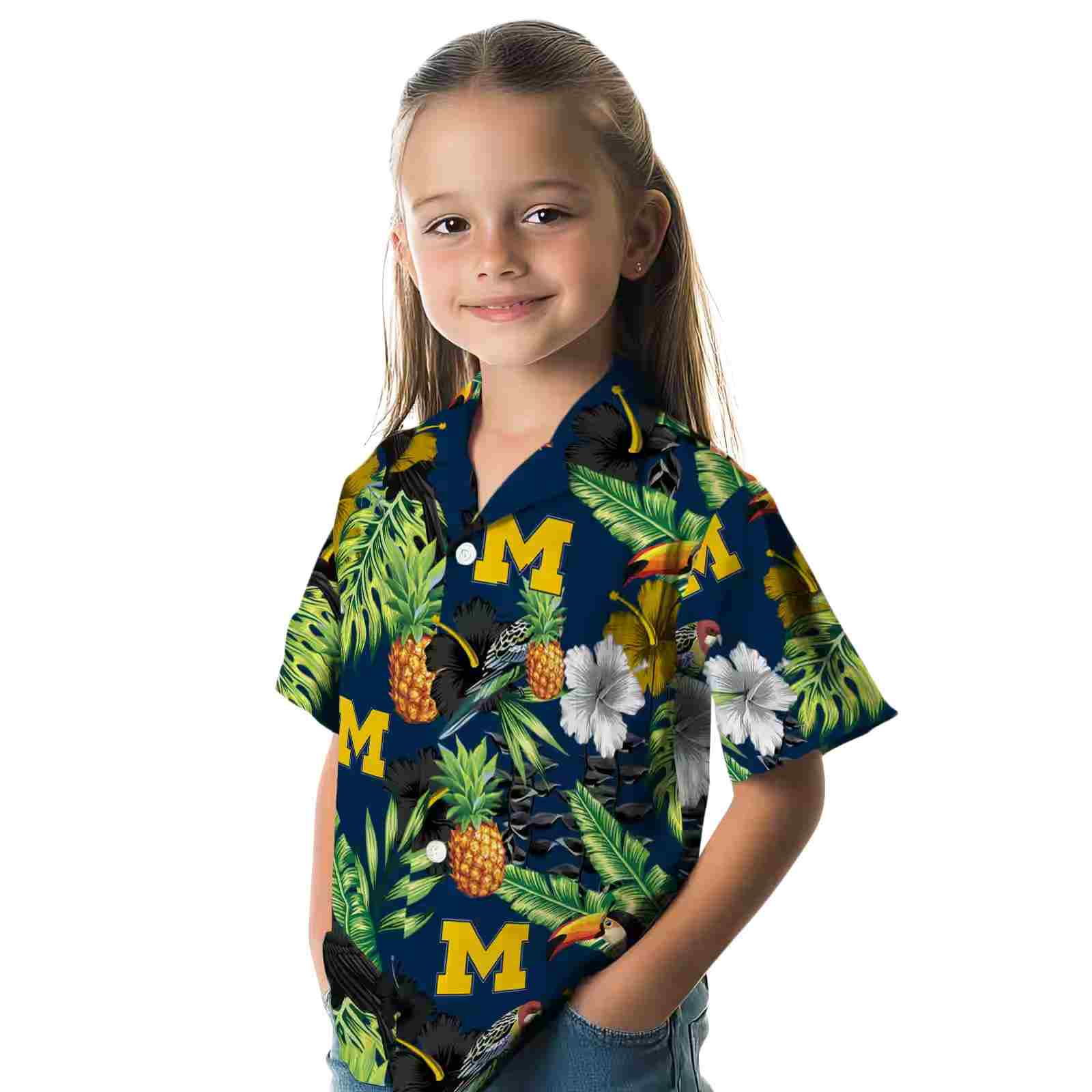 michigan wolverines toucan hibiscus pineapple blue green hawaiian shirt premium grade