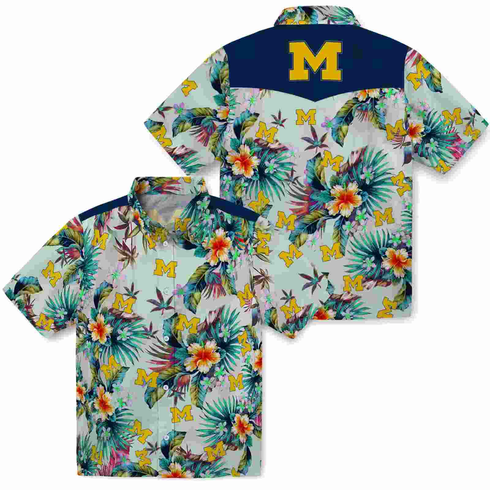 michigan wolverines tropical foliage green hawaiian shirt high quality