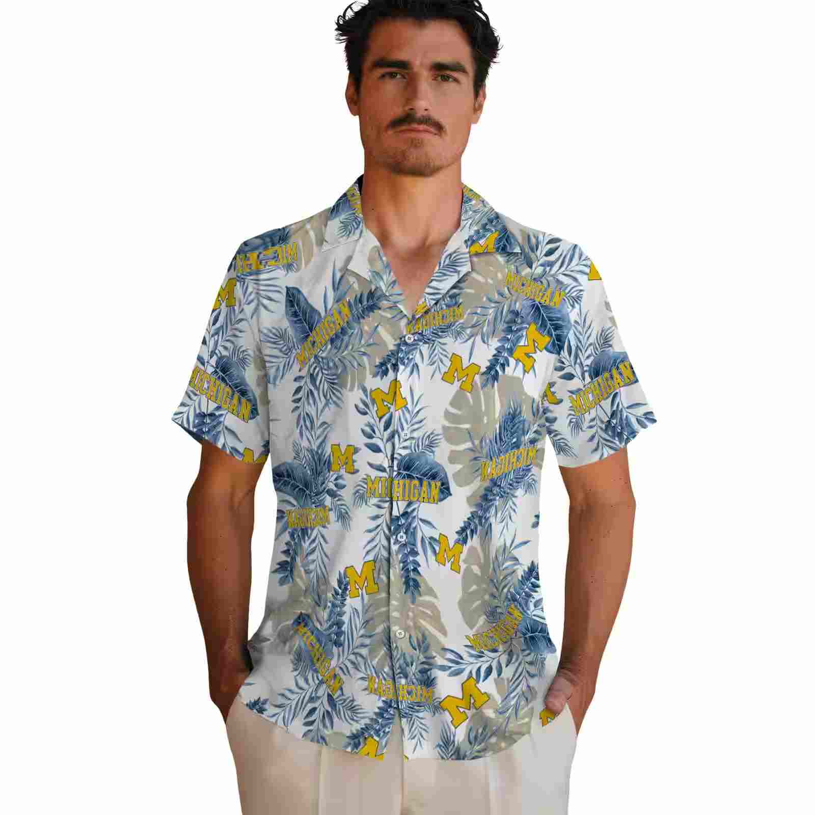 michigan wolverines tropical leaves blue white hawaiian shirt fashion forward