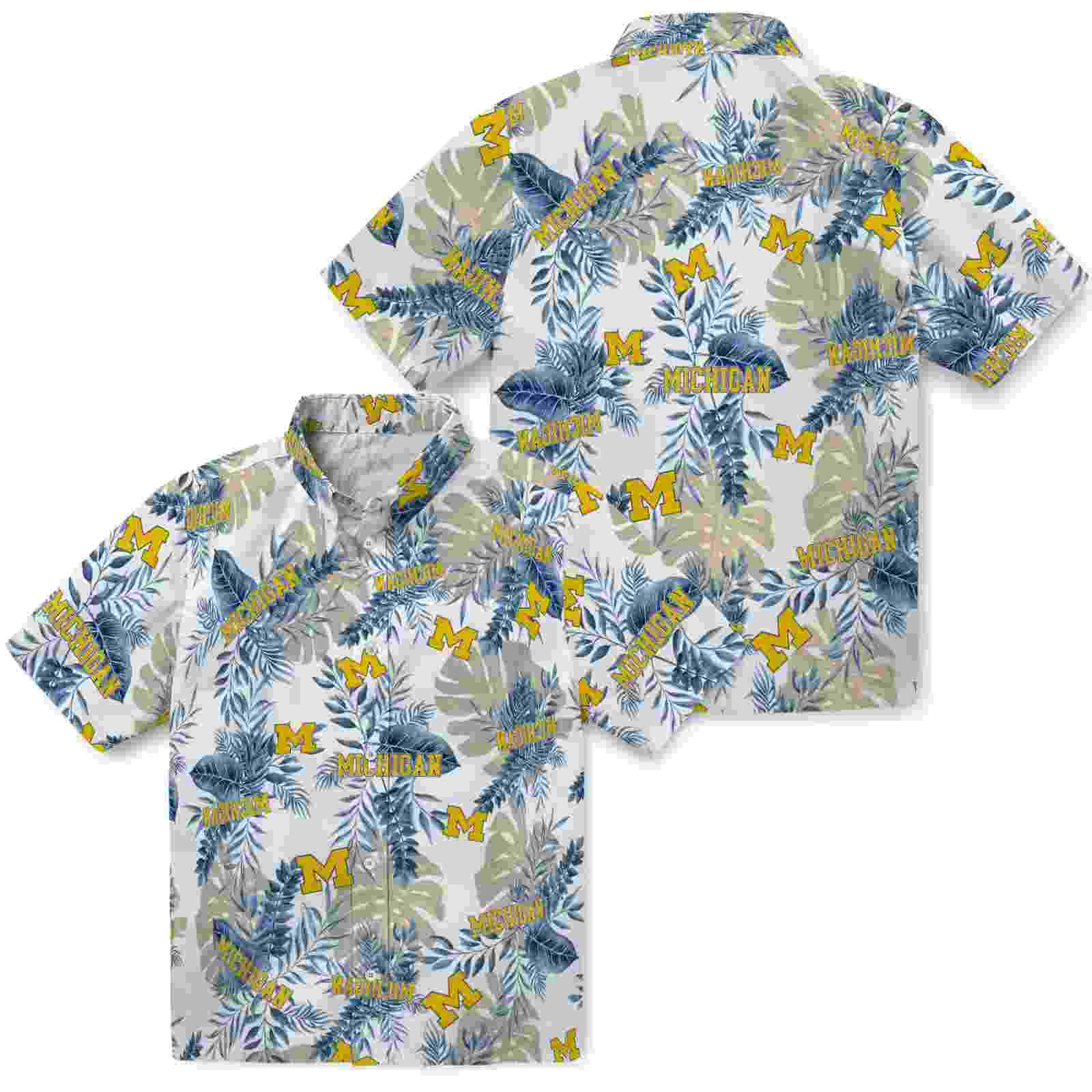 michigan wolverines tropical leaves blue white hawaiian shirt high quality