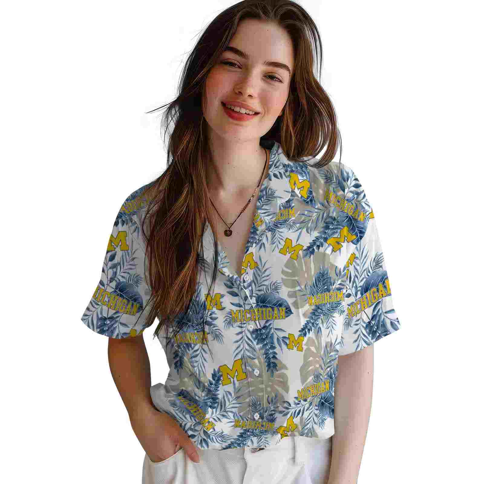 michigan wolverines tropical leaves blue white hawaiian shirt latest model