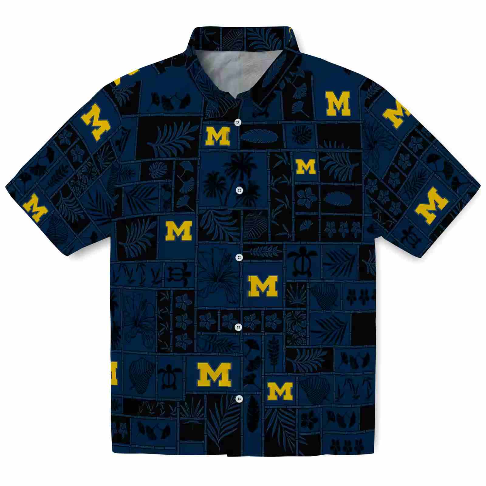 Michigan Wolverines Tropical Patchwork Blue Black Hawaiian Shirt