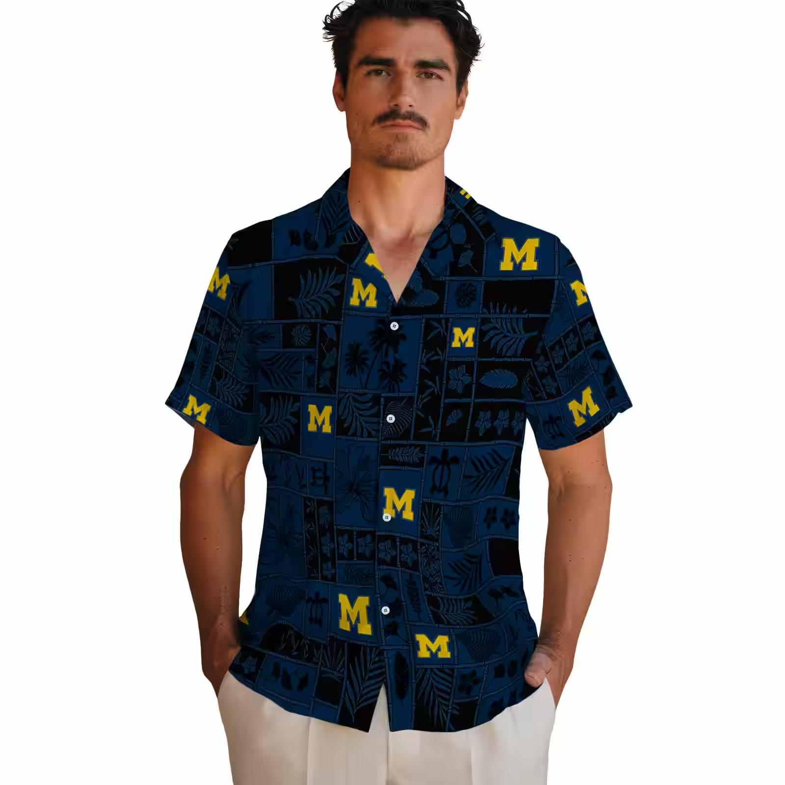 michigan wolverines tropical patchwork blue black hawaiian shirt fashion forward