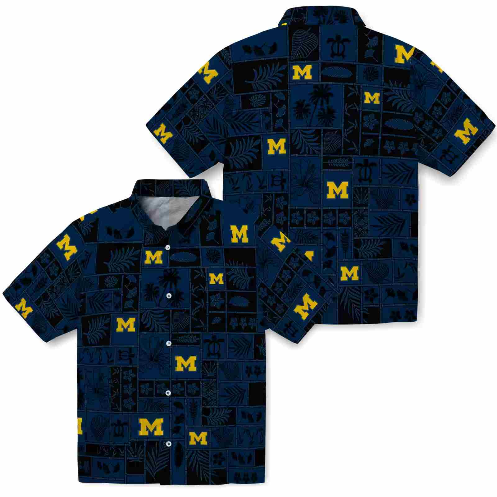 michigan wolverines tropical patchwork blue black hawaiian shirt high quality