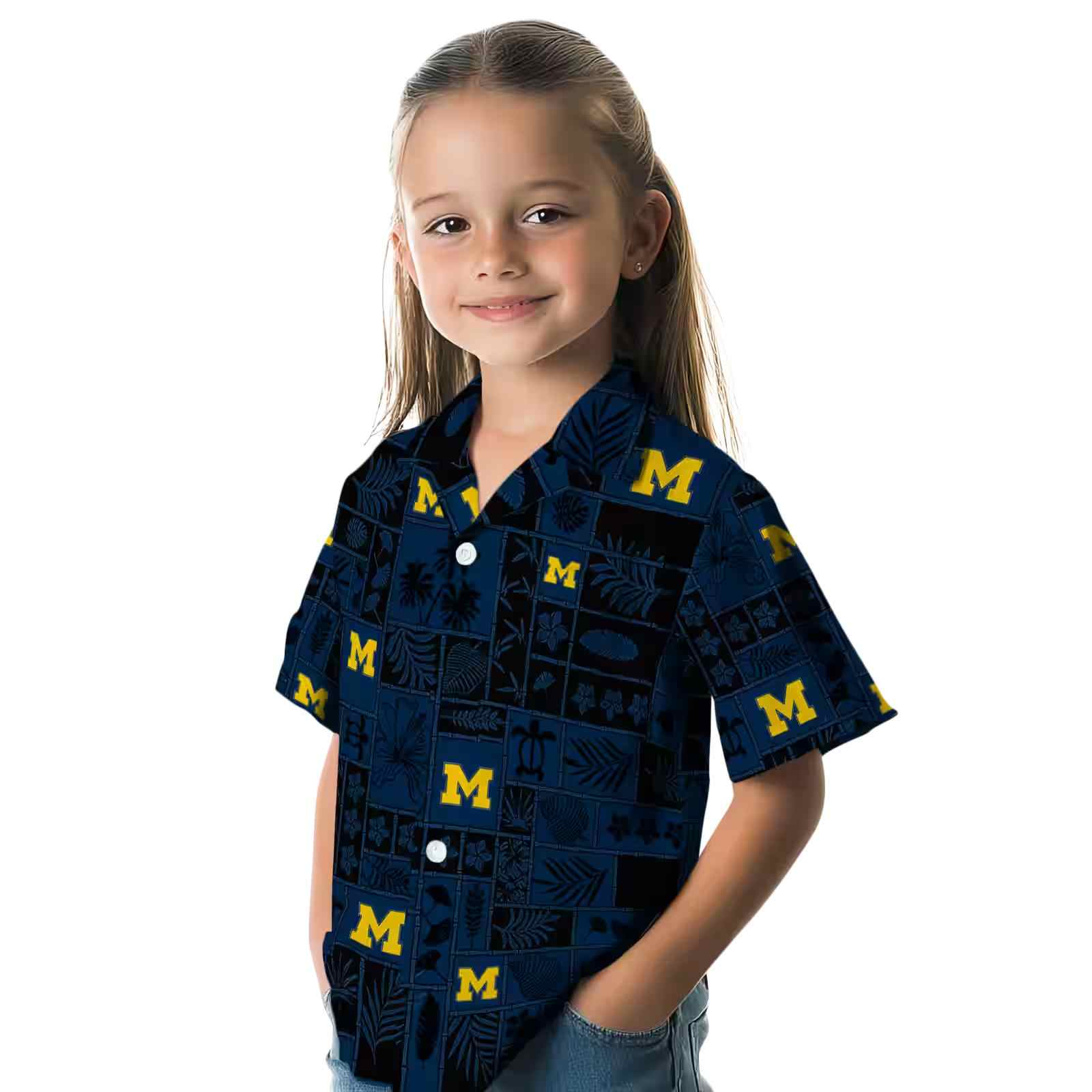 michigan wolverines tropical patchwork blue black hawaiian shirt premium grade