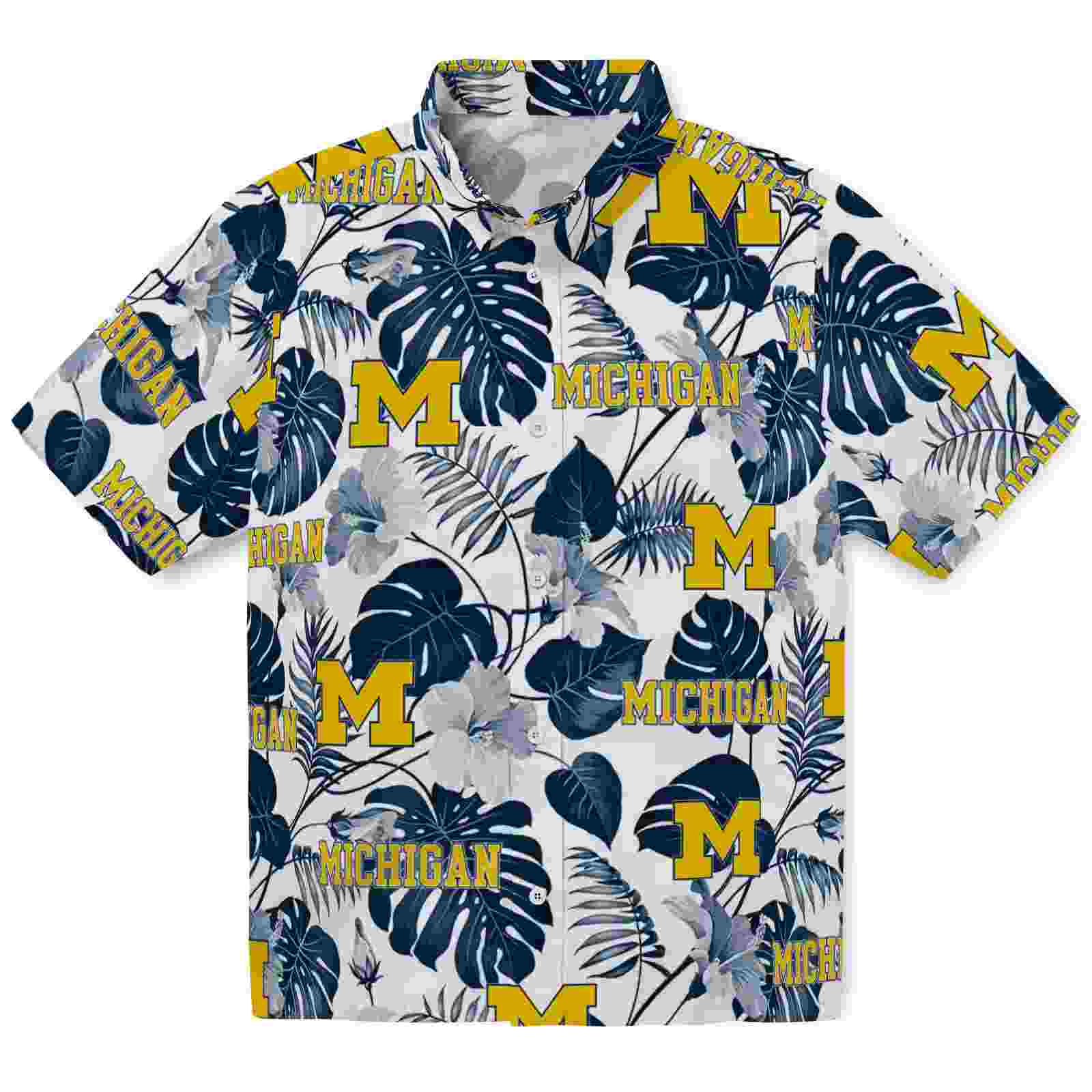 Michigan Wolverines Tropical Plants Blue White Hawaiian Shirt