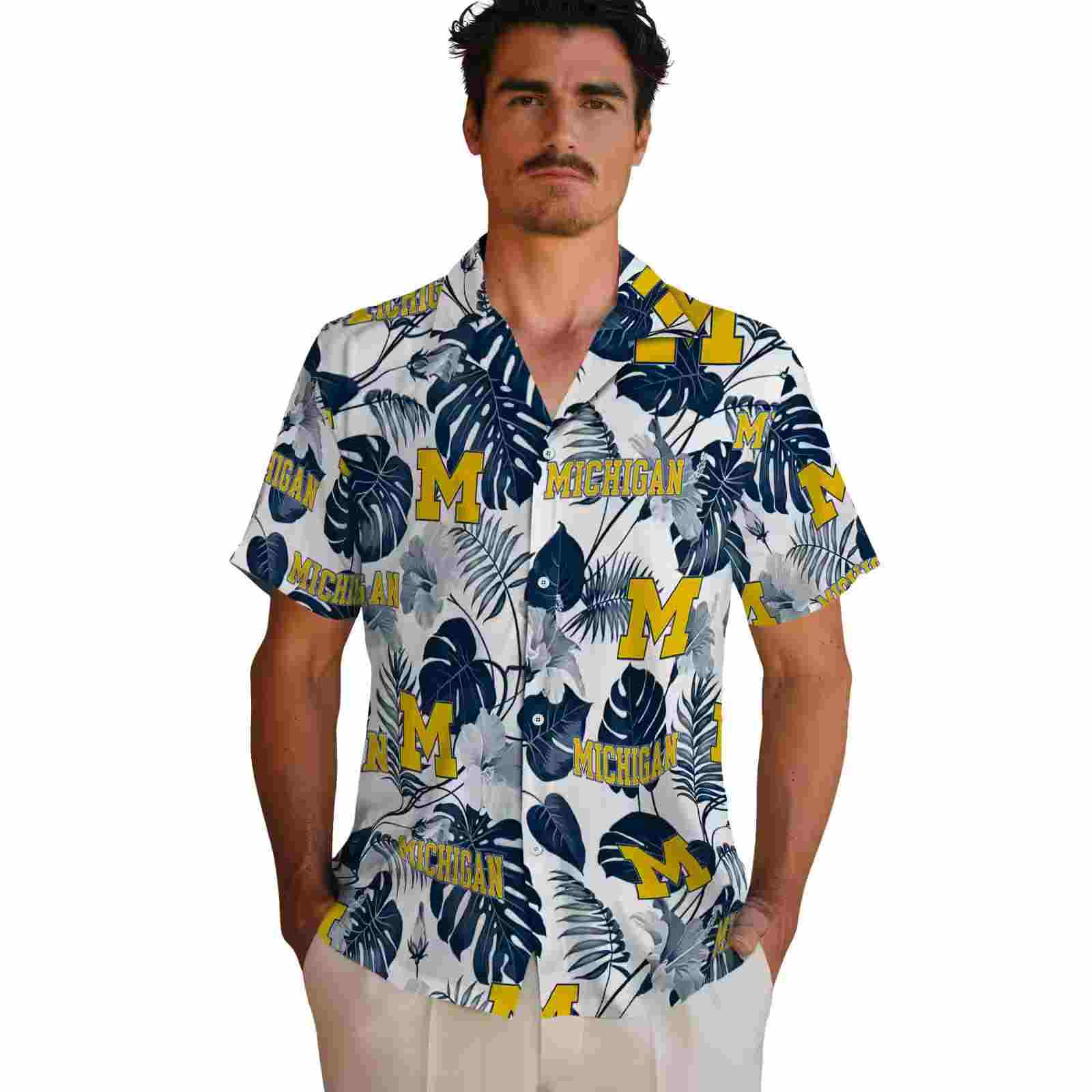 michigan wolverines tropical plants blue white hawaiian shirt fashion forward